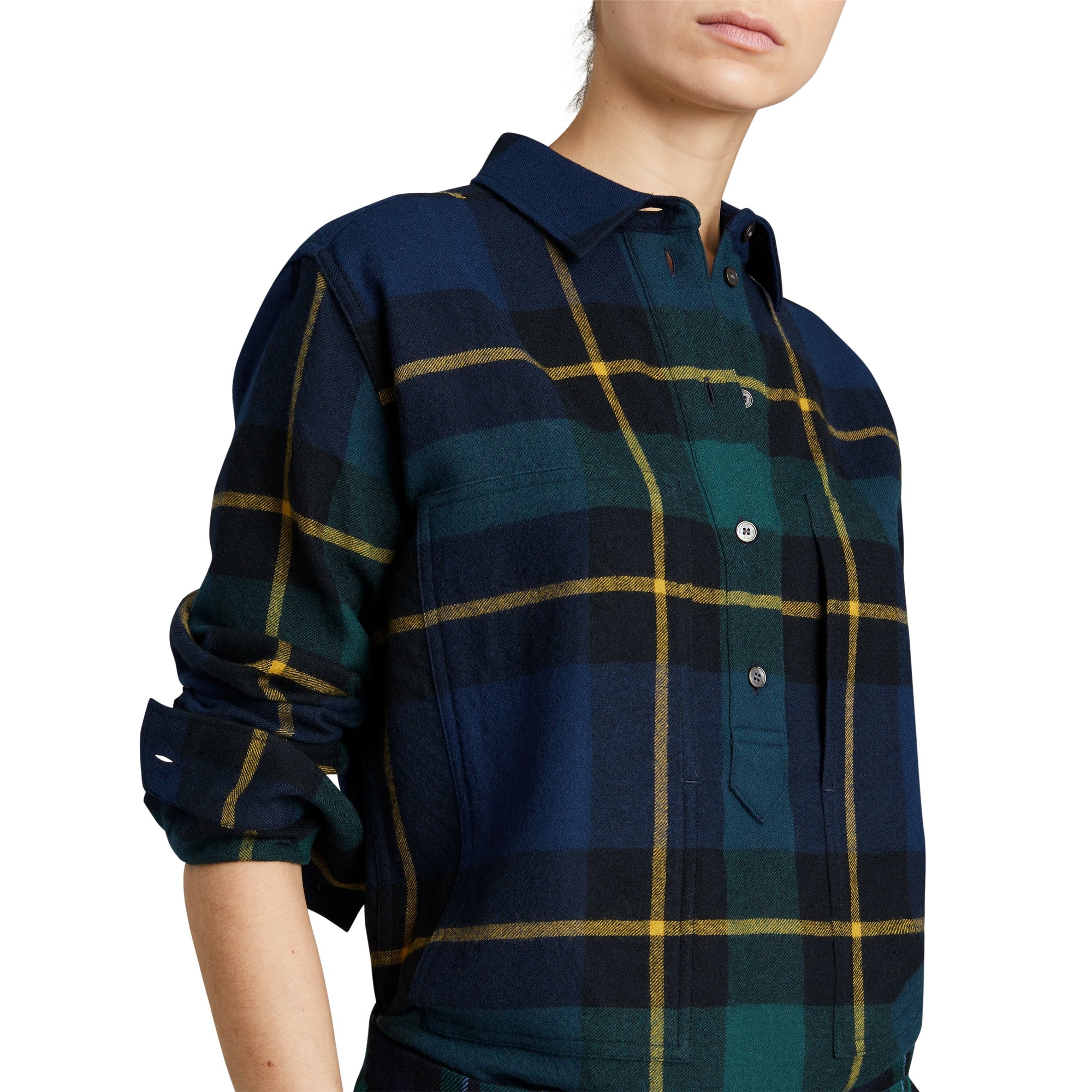 Chemise tunique en flanelle de laine tartan - Bleu encre
