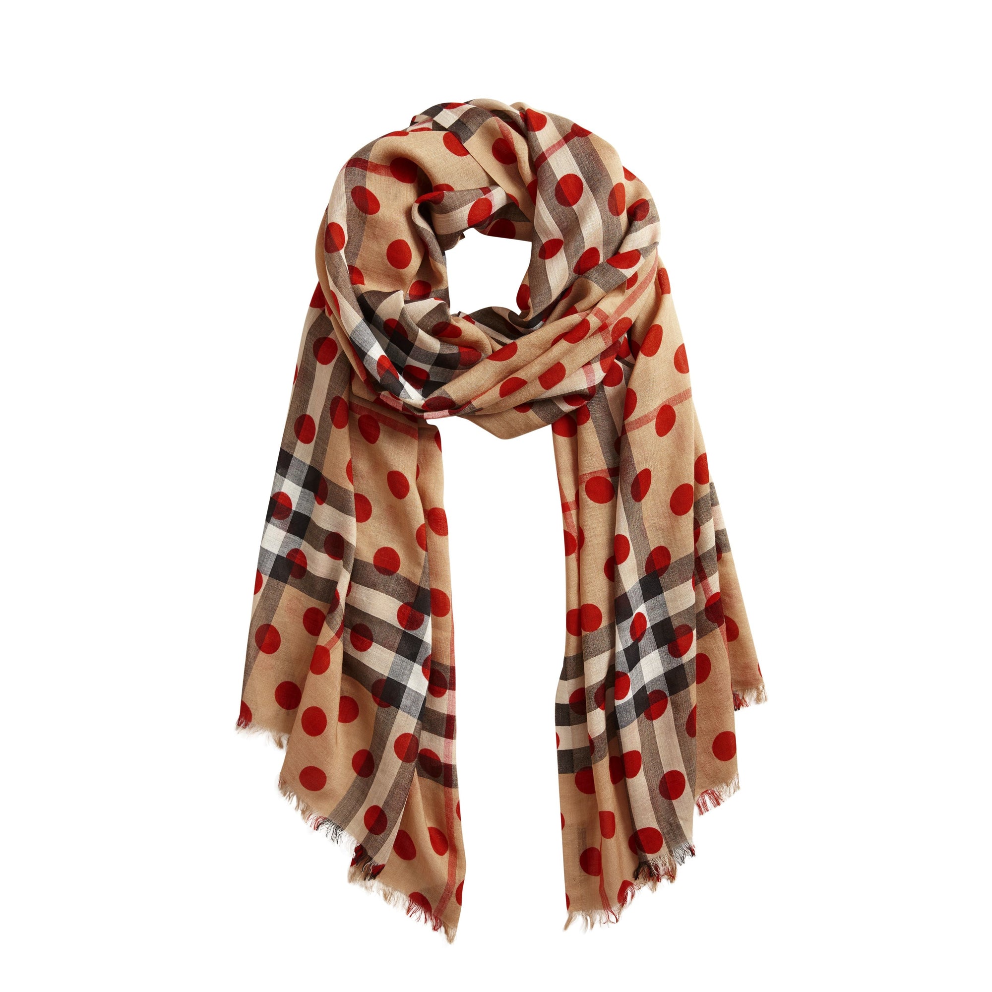 MILITARY RED Écharpe légère en laine et soie à motif check et imprimé à pois