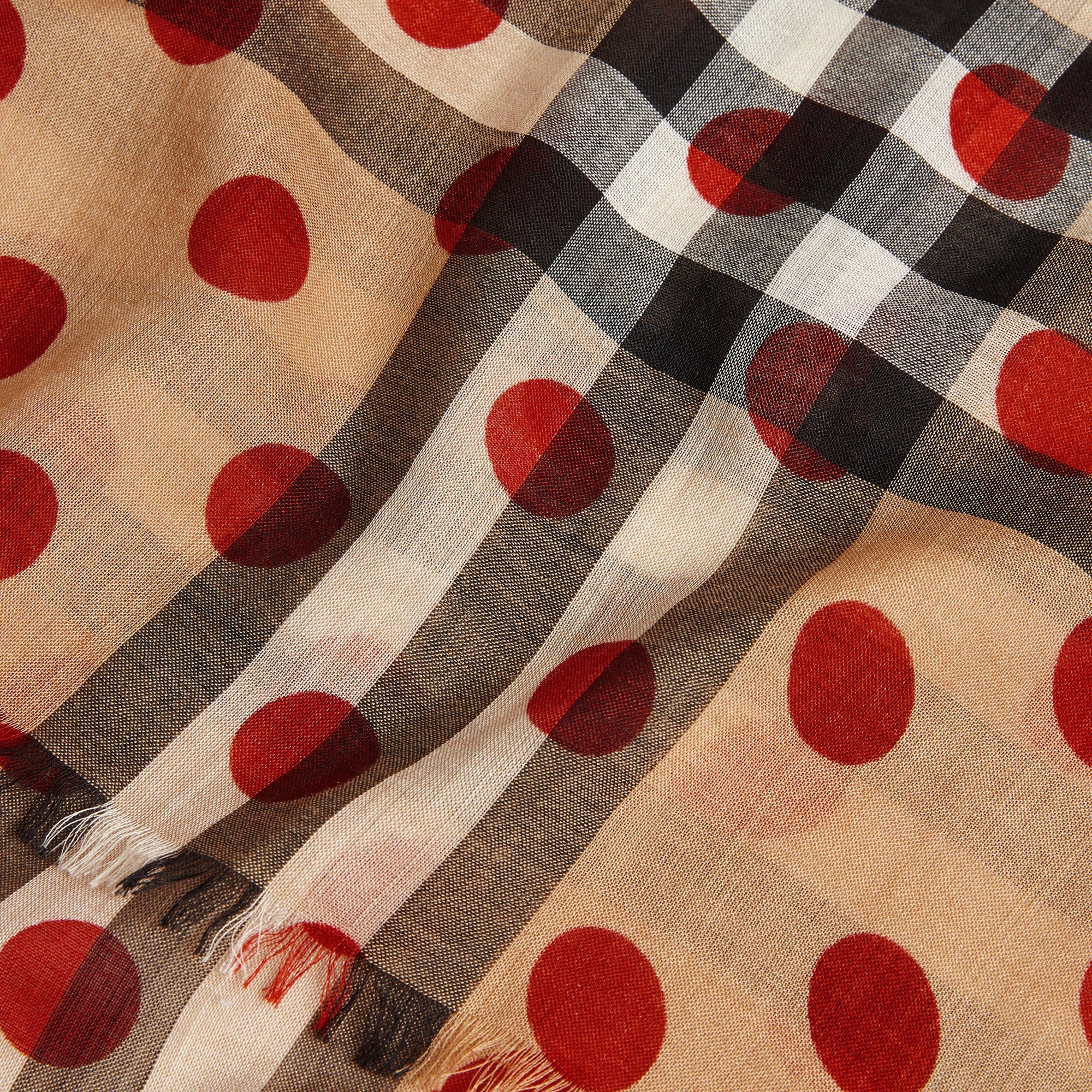 MILITARY RED Écharpe légère en laine et soie à motif check et imprimé à pois