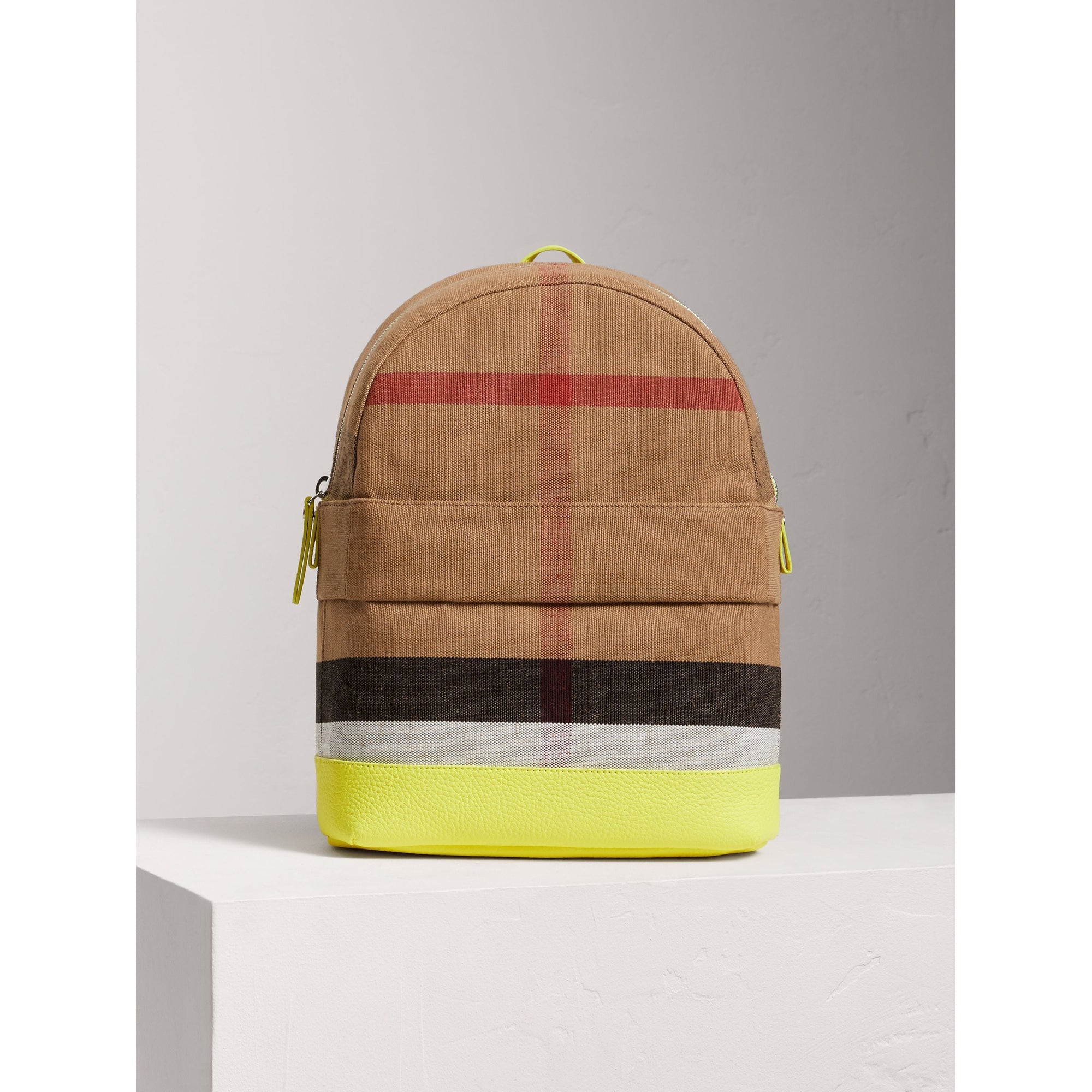 NEON YELLOW Sac à dos en cuir et tissu Canvas check