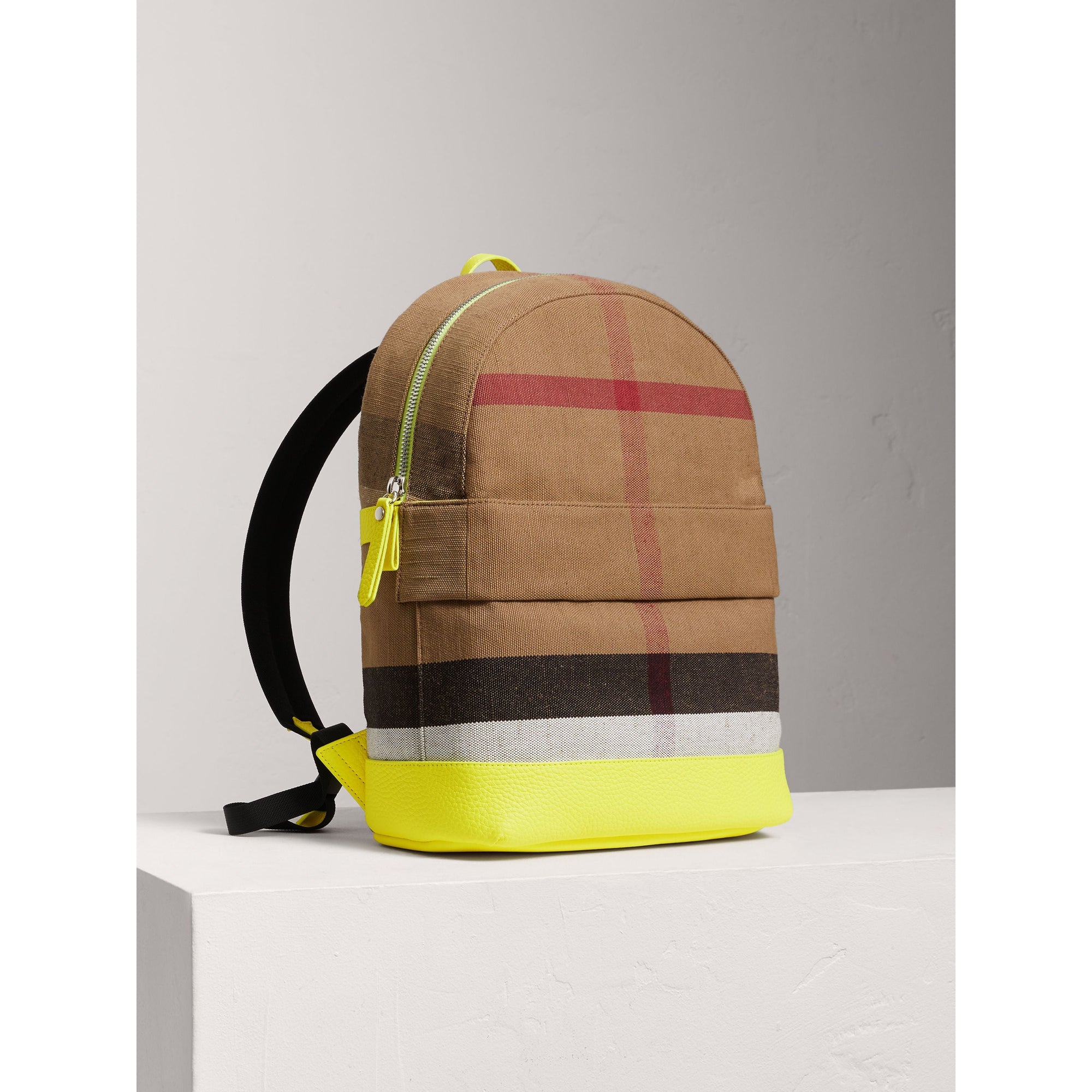 NEON YELLOW Sac à dos en cuir et tissu Canvas check