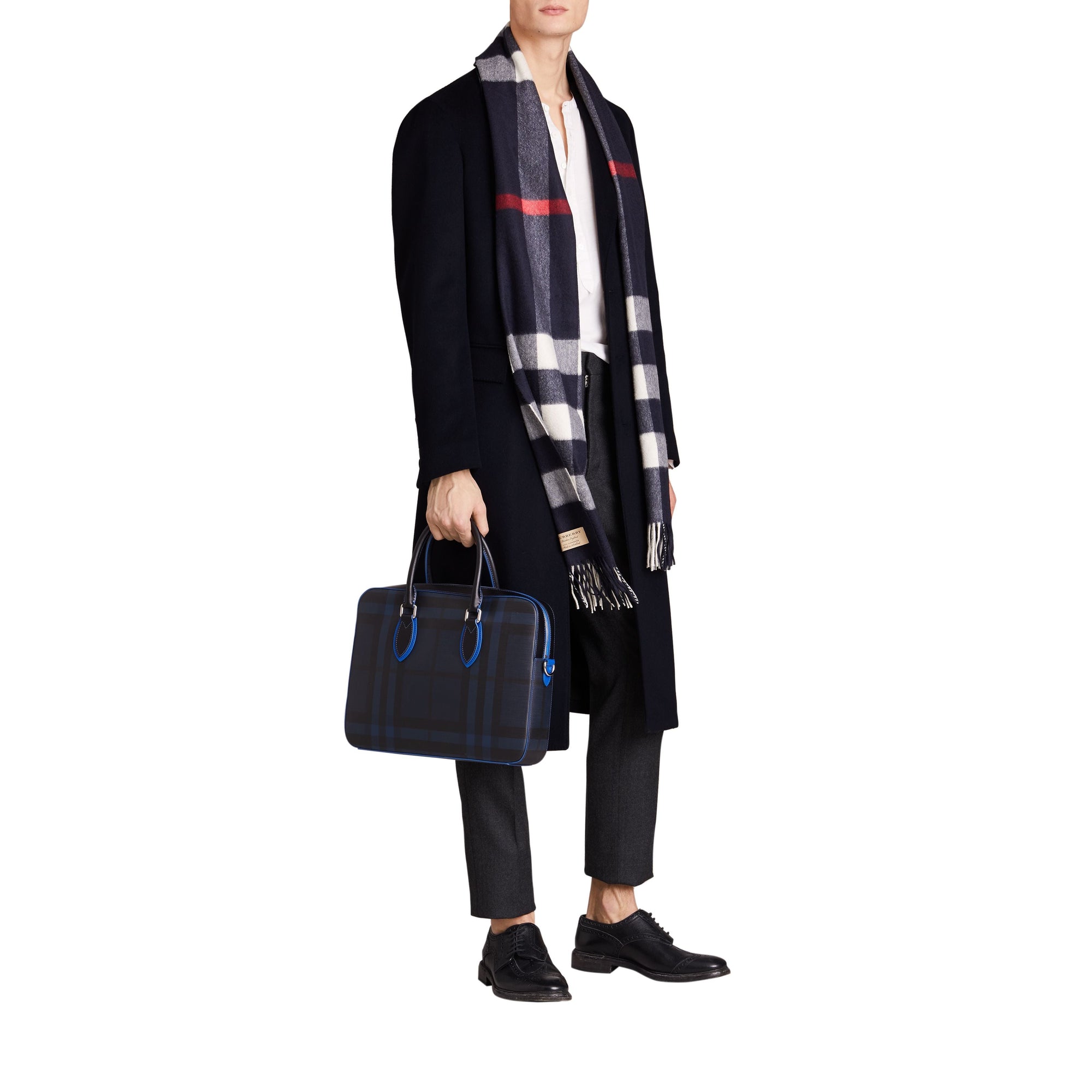 NAVY/BLUE Attaché-case moyen à motif London check avec détails en cuir