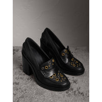 BLACK Mocassins à talon en cuir avec œillets