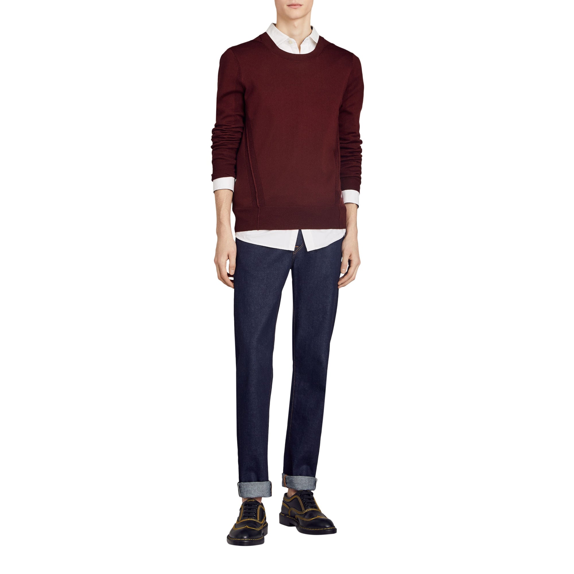 BURGUNDY Pull en laine mérinos à détails check