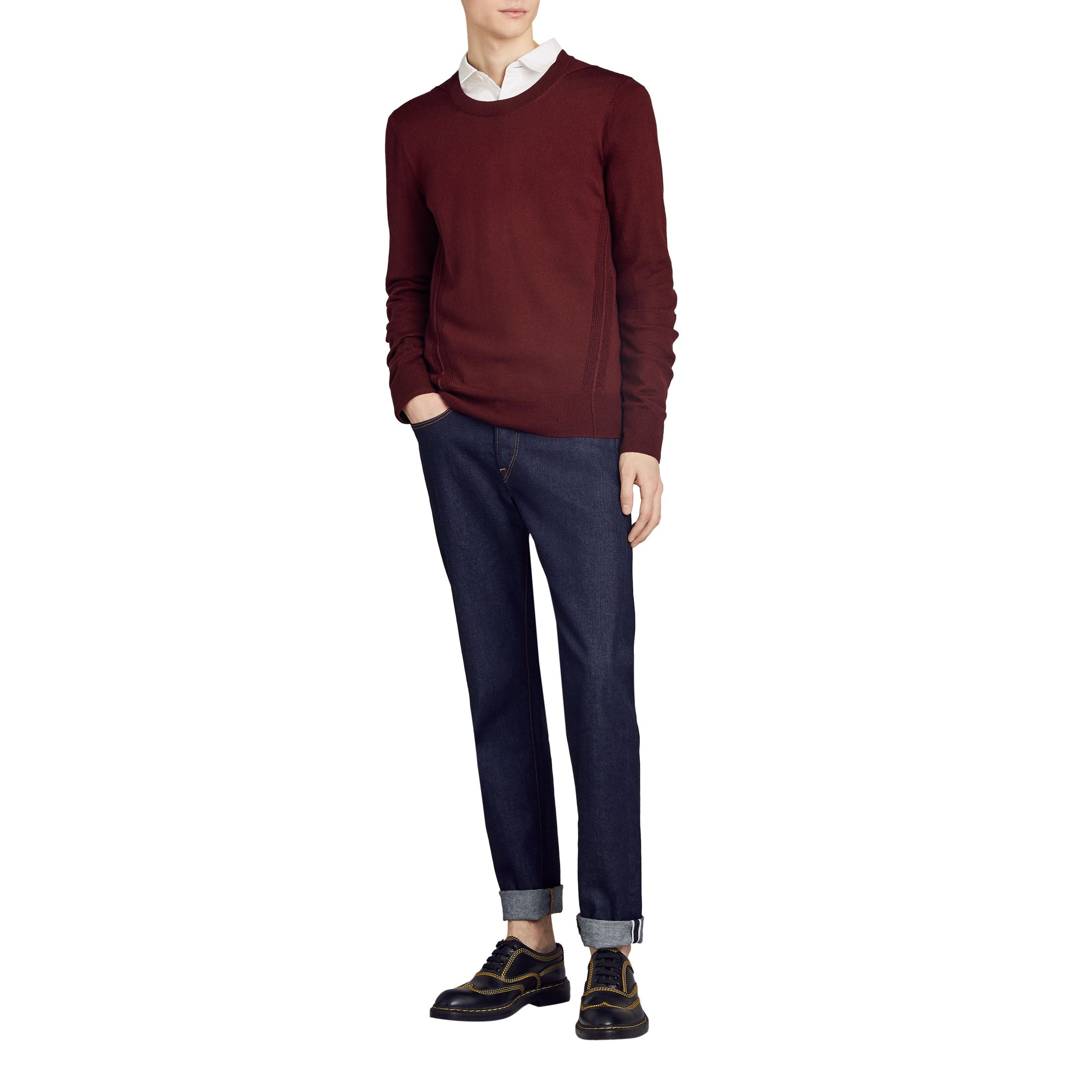 BURGUNDY Pull en laine mérinos à détails check
