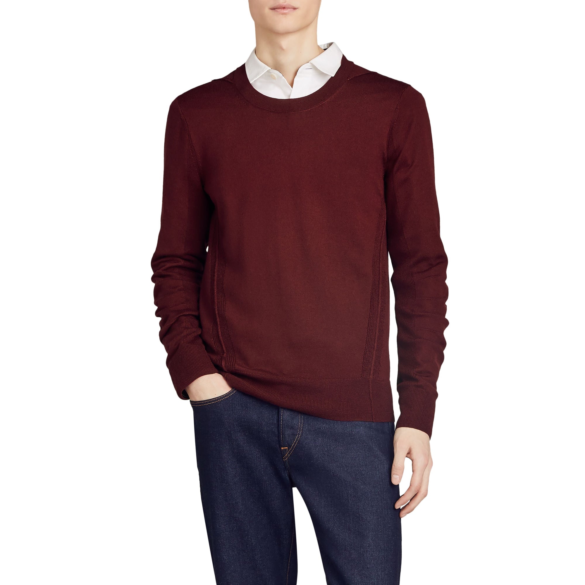 BURGUNDY Pull en laine mérinos à détails check