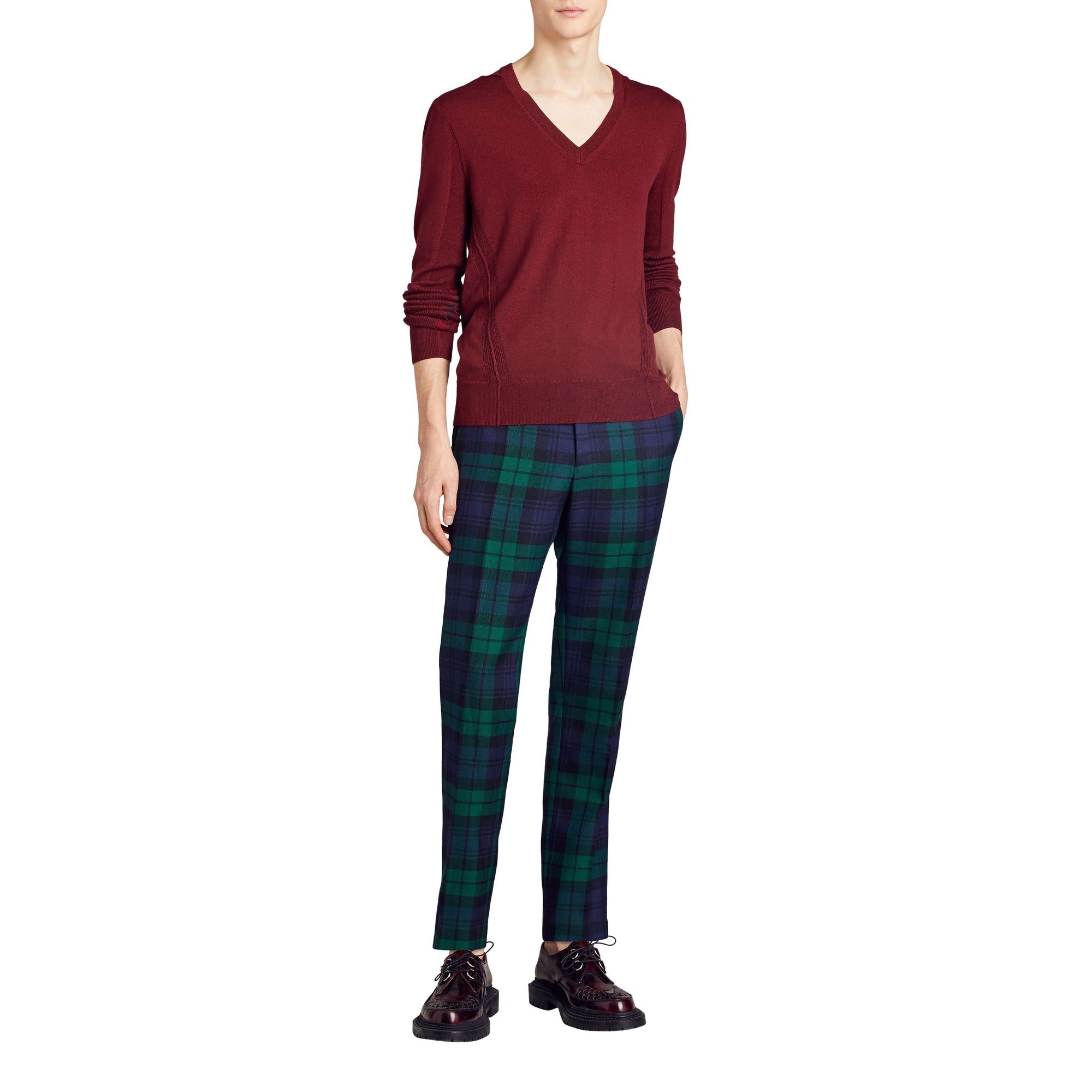 BURGUNDY Pull en V en laine mérinos avec détails check