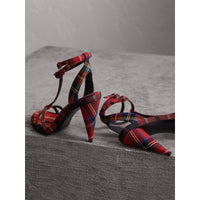 VIBRANT RED Sandales à talons hauts coniques en laine tartan