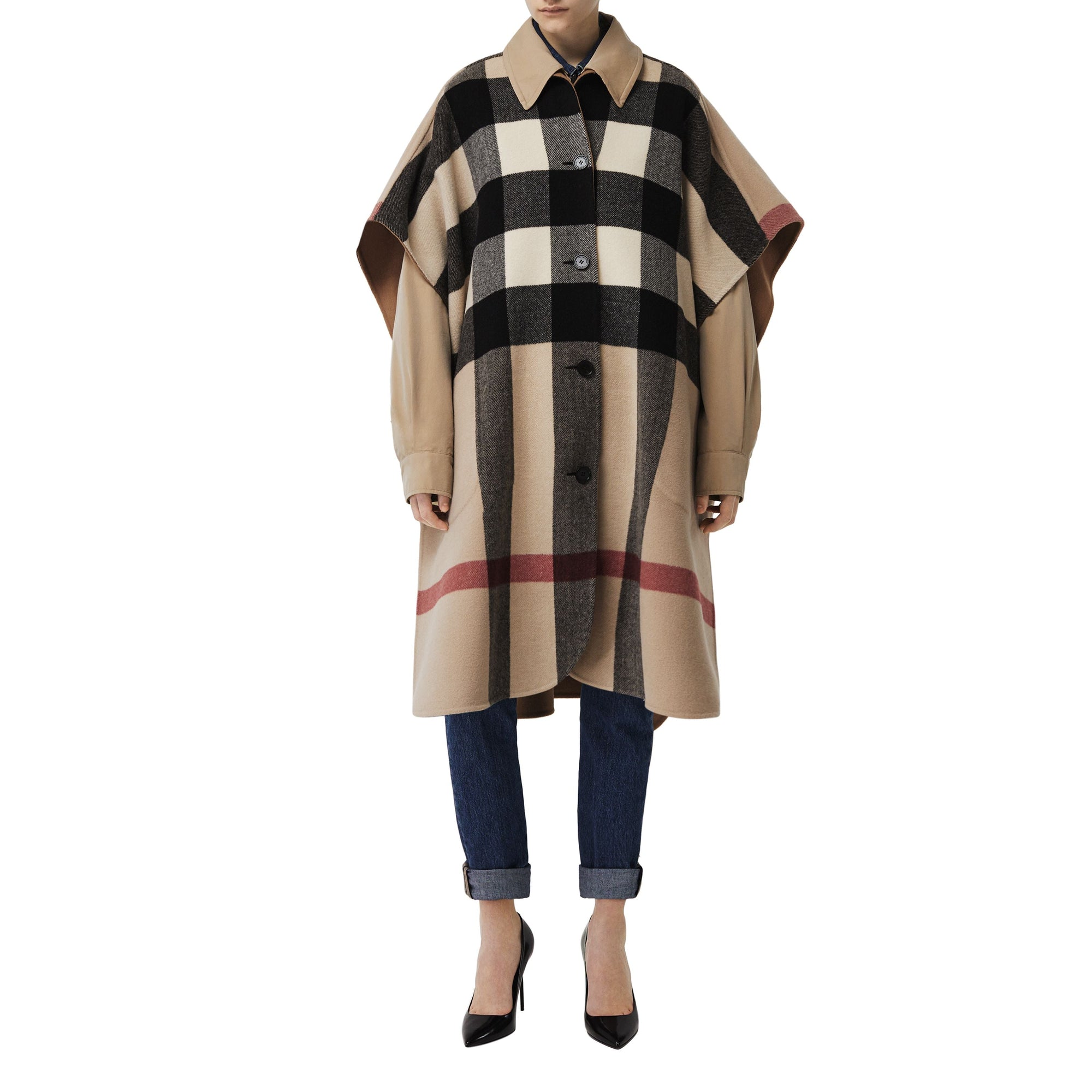 CAMEL Poncho réversible en laine mélangée et à motif check