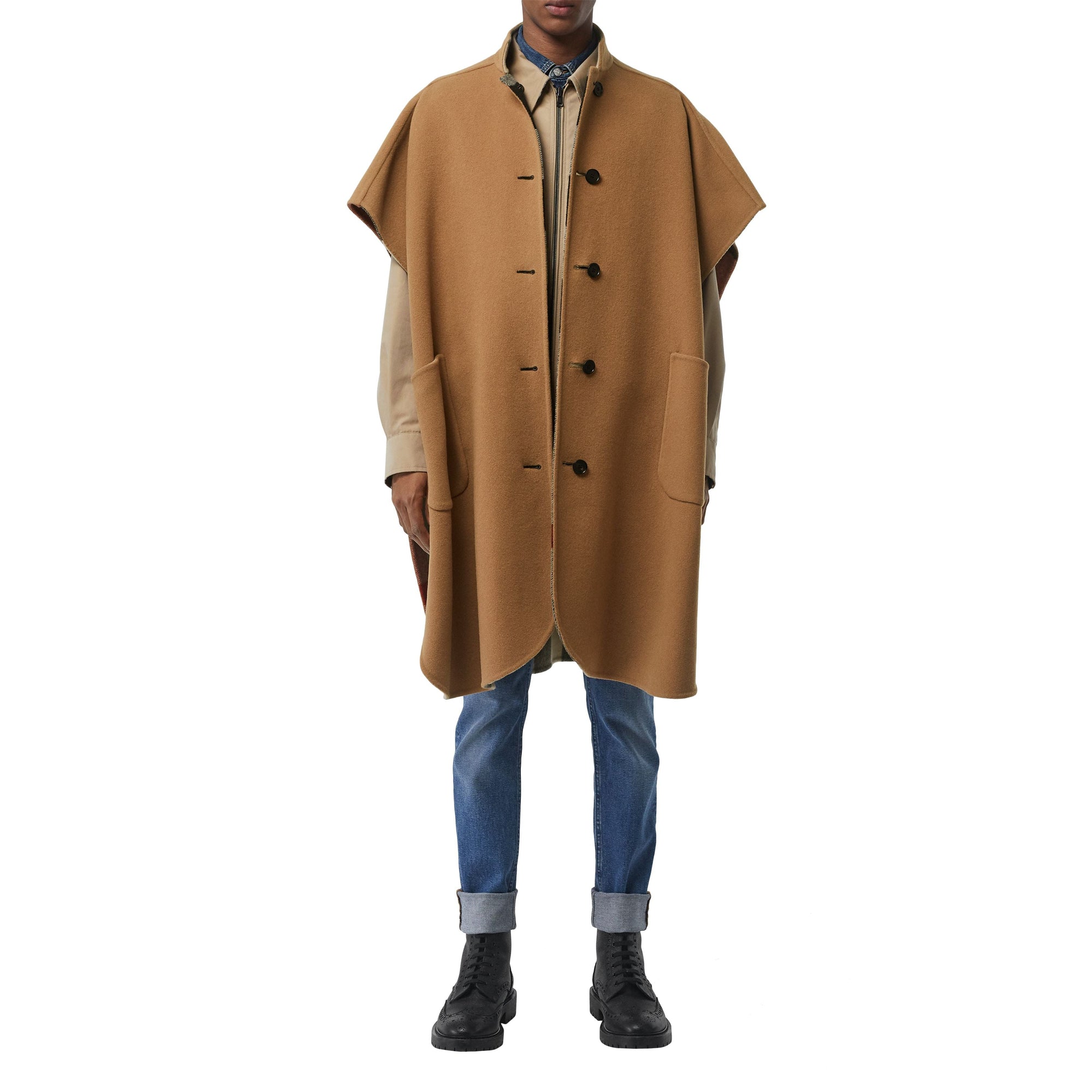 CAMEL Poncho réversible en laine mélangée et à motif check