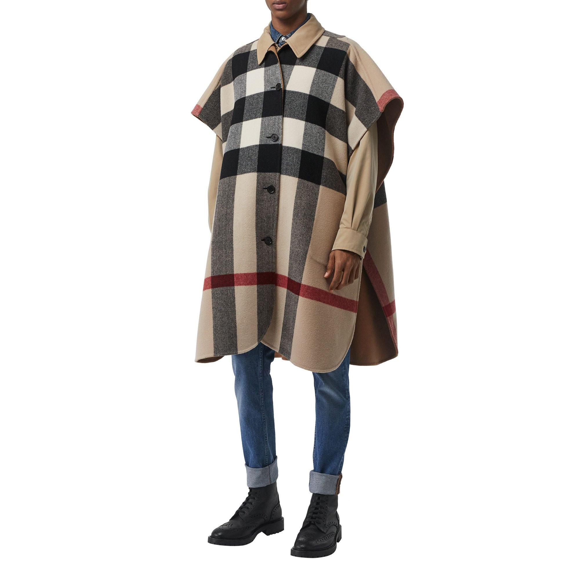 CAMEL Poncho réversible en laine mélangée et à motif check