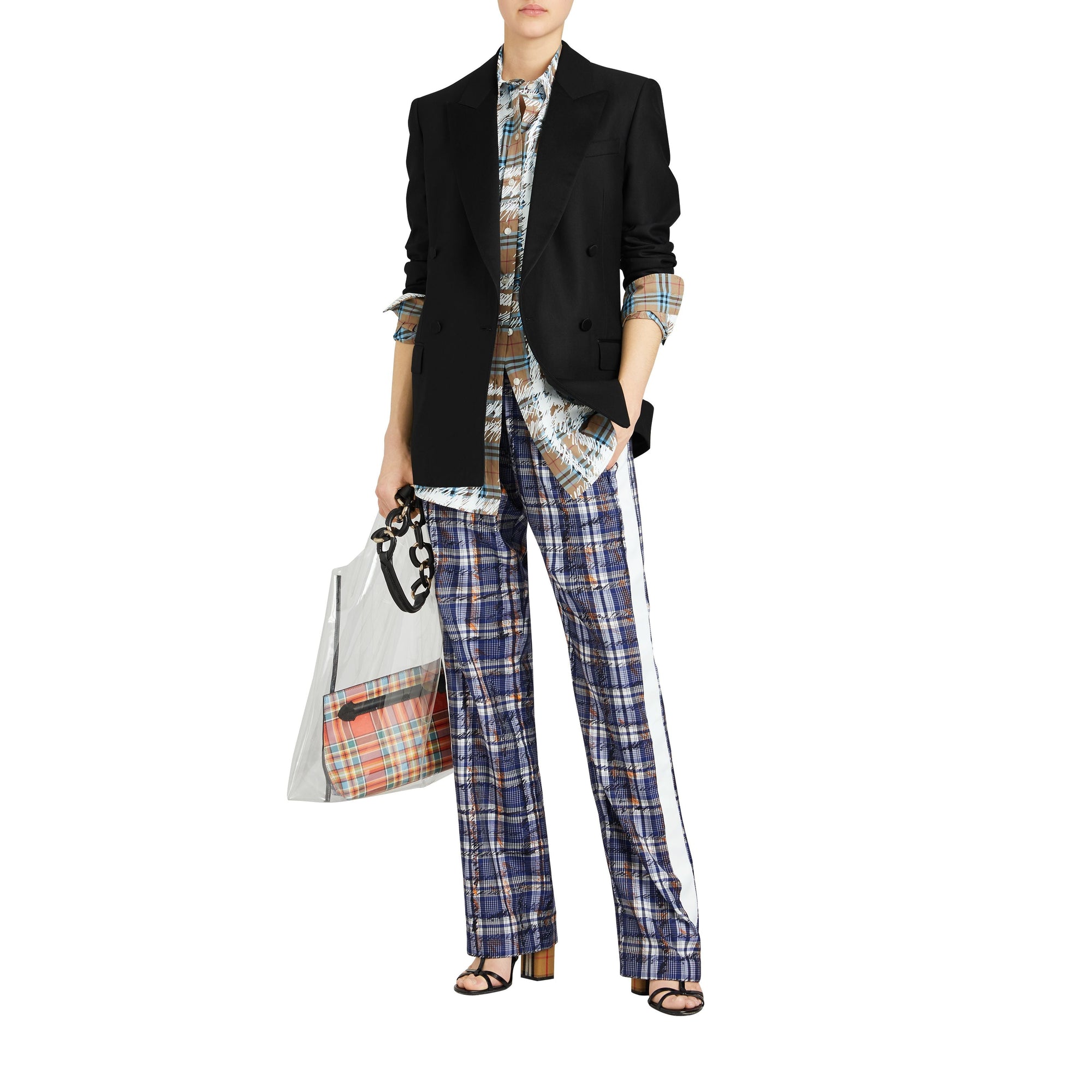 Pantalon de survêtement en soie rayé avec motif check griffonné - Marine & blanc