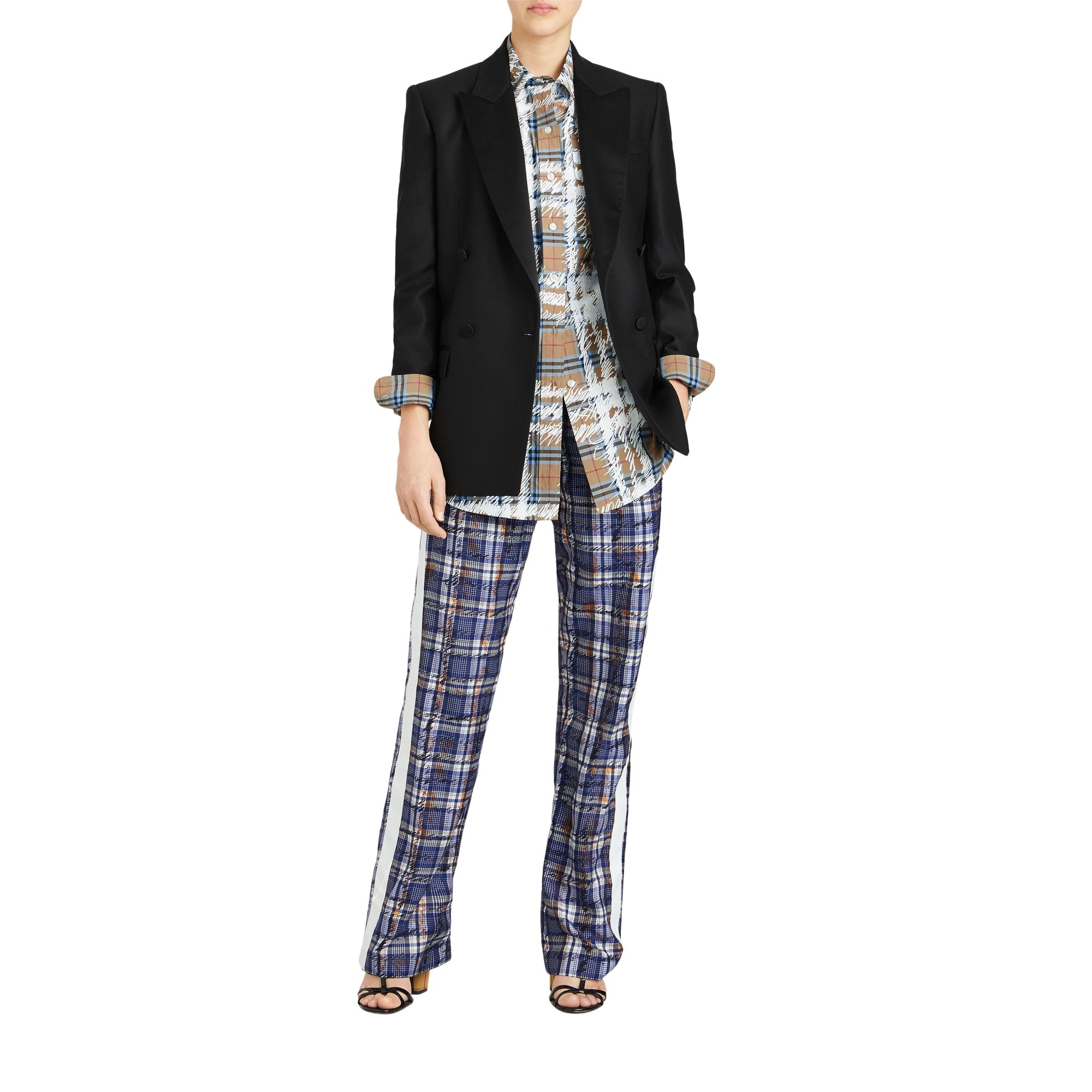 Pantalon de survêtement en soie rayé avec motif check griffonné - Marine & blanc