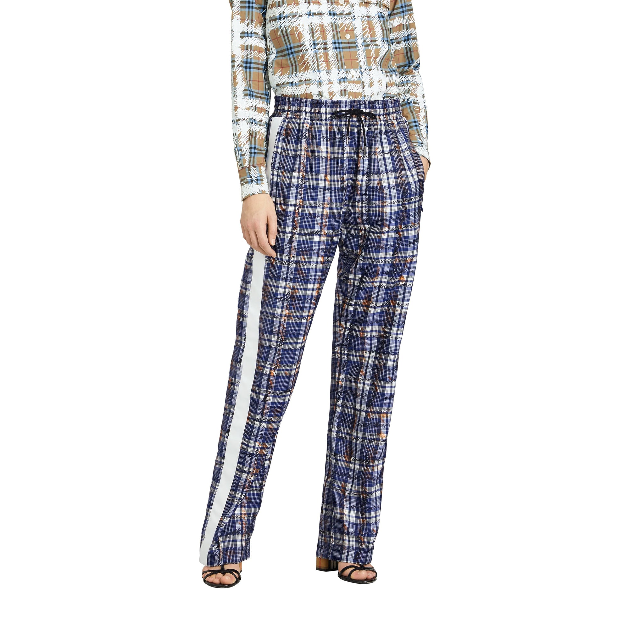 Pantalon de survêtement en soie rayé avec motif check griffonné - Marine & blanc