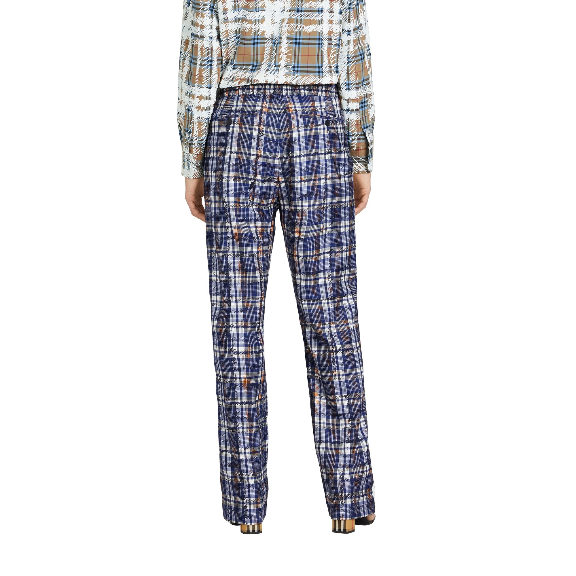 Pantalon de survêtement en soie rayé avec motif check griffonné - Marine & blanc