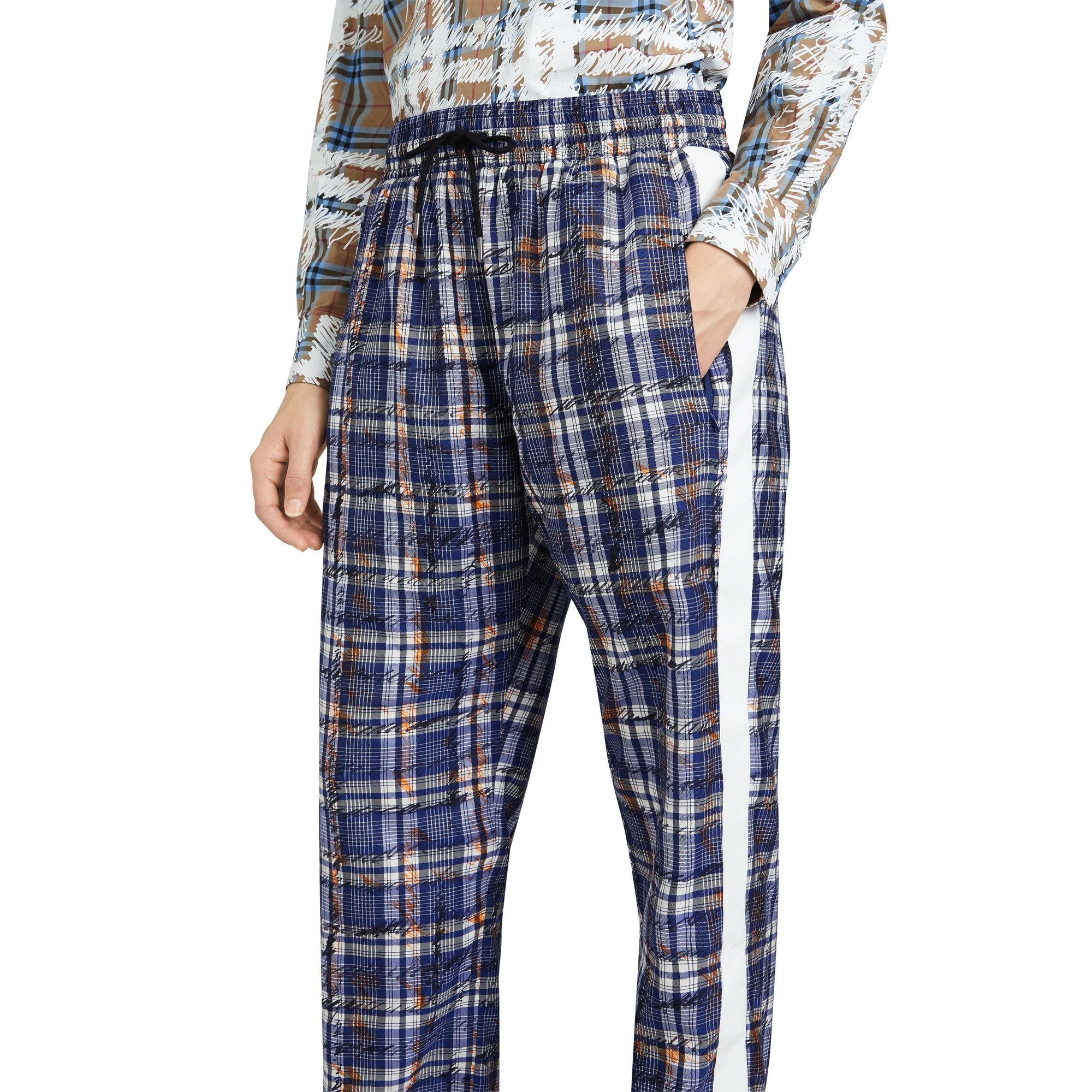 Pantalon de survêtement en soie rayé avec motif check griffonné - Marine & blanc