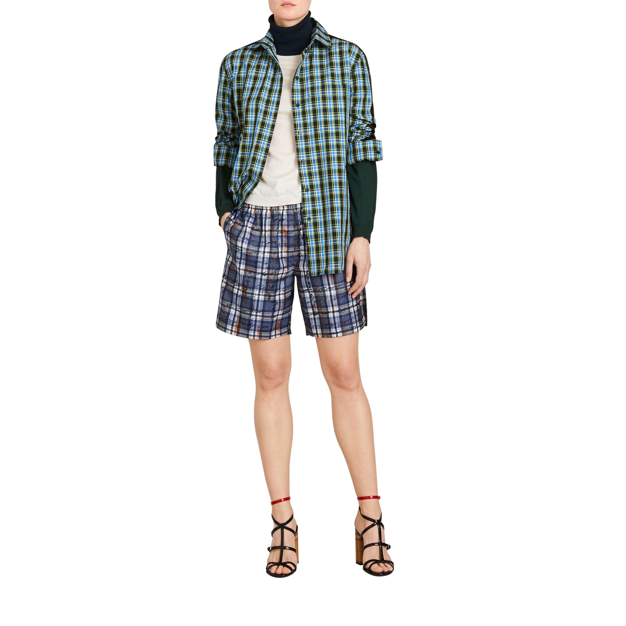 AZURE BLUE Chemise en coton et soie à motif check avec bande