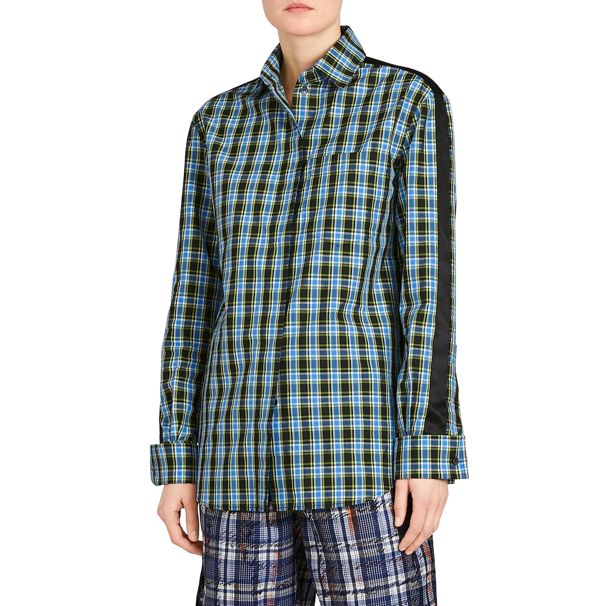 AZURE BLUE Chemise en coton et soie à motif check avec bande