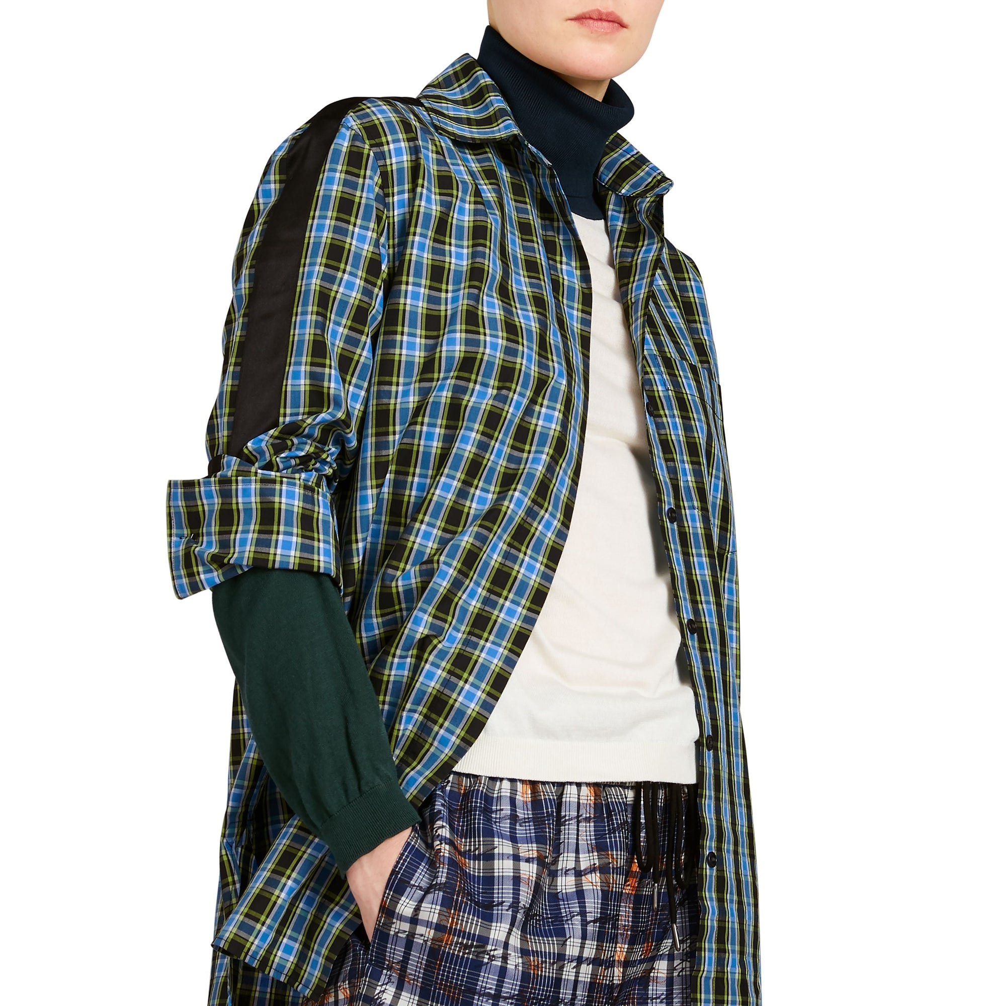 AZURE BLUE Chemise en coton et soie à motif check avec bande