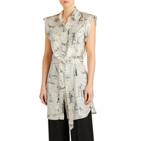 OFF WHITE/BLACK Robe chemise en soie à imprimé monument