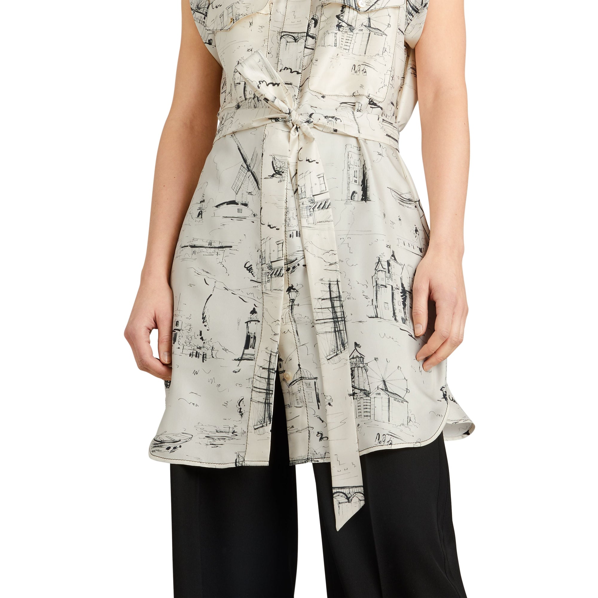 OFF WHITE/BLACK Robe chemise en soie à imprimé monument
