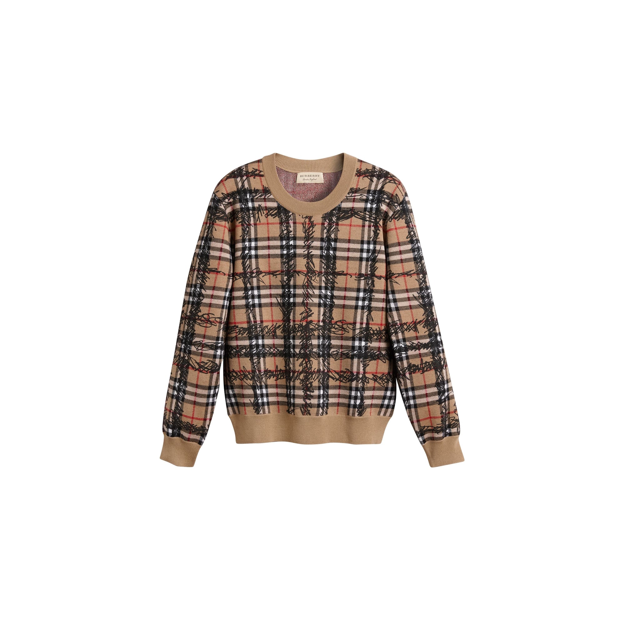 CAMEL/BLACK Pull en laine mérinos à motif check griffonné