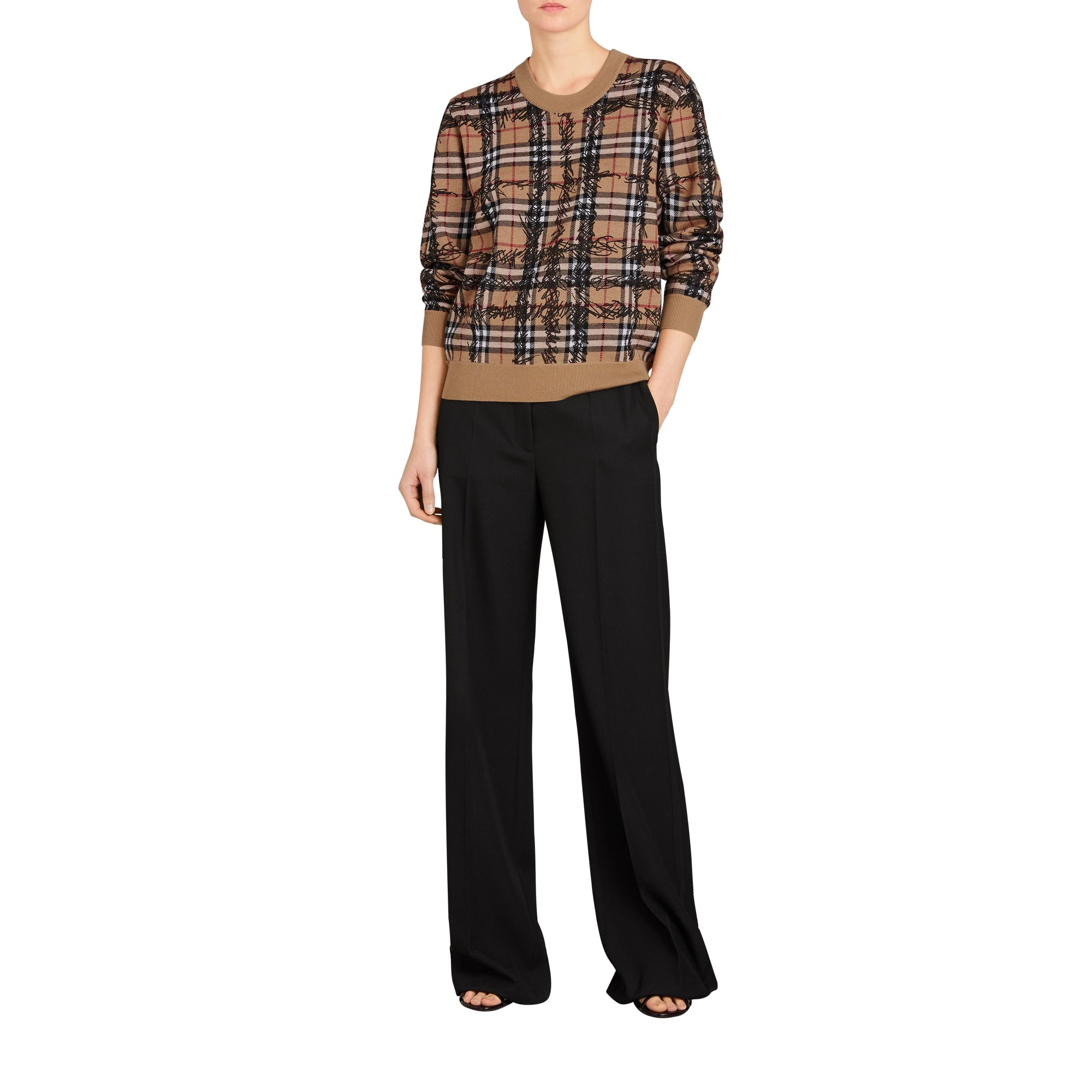 CAMEL/BLACK Pull en laine mérinos à motif check griffonné