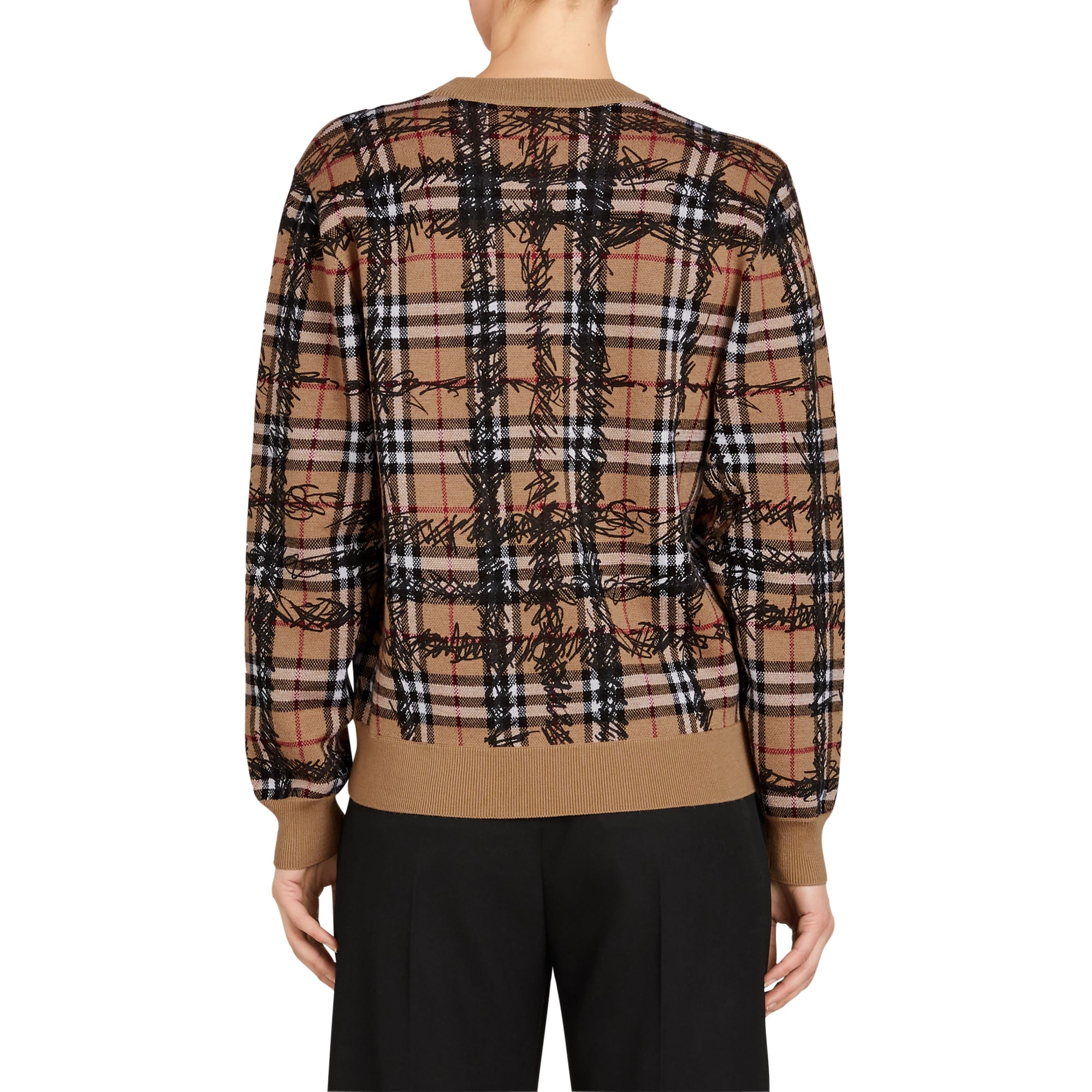 CAMEL/BLACK Pull en laine mérinos à motif check griffonné