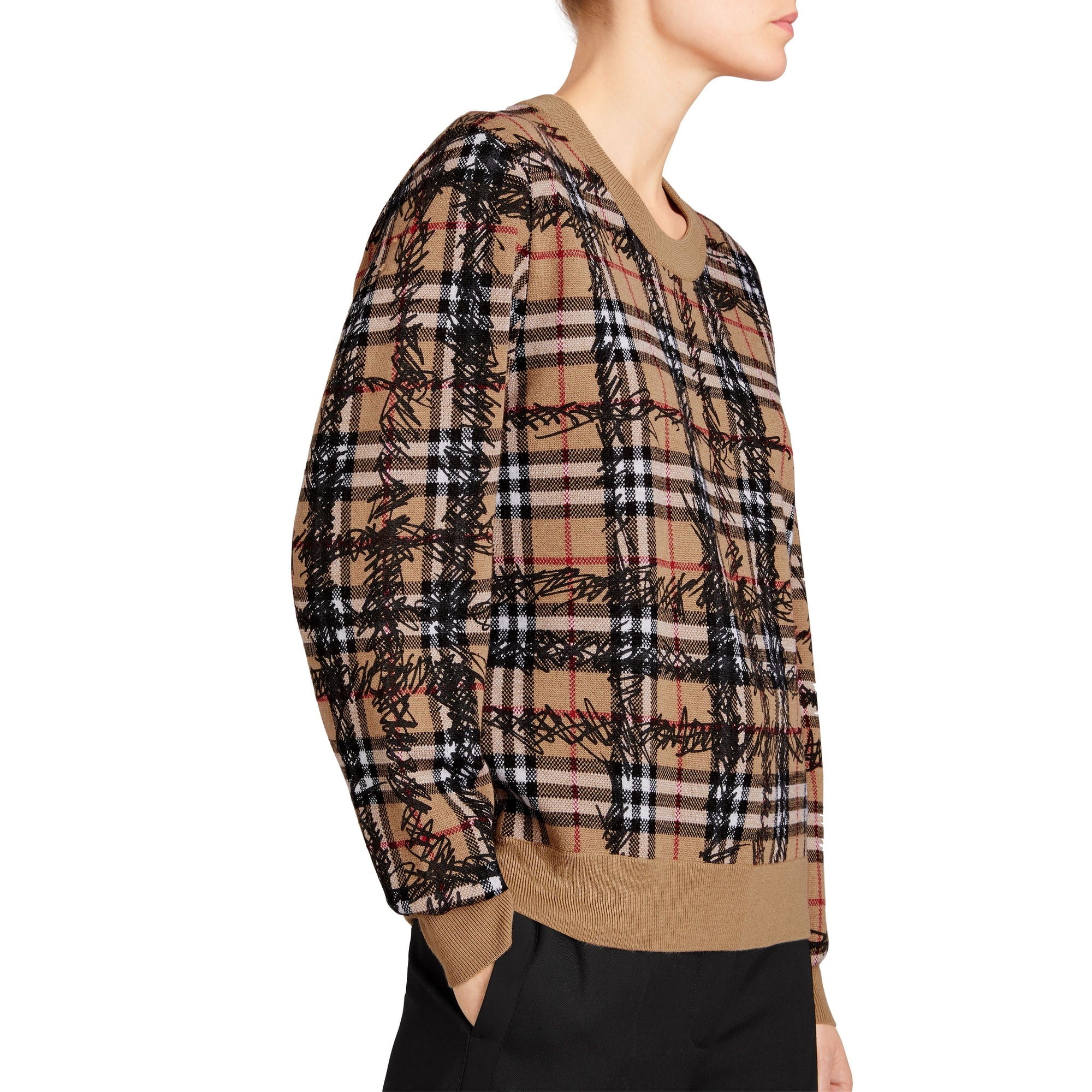 CAMEL/BLACK Pull en laine mérinos à motif check griffonné