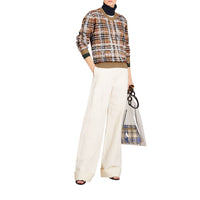 CAMEL/WHITE Pull en laine mérinos à motif check griffonné
