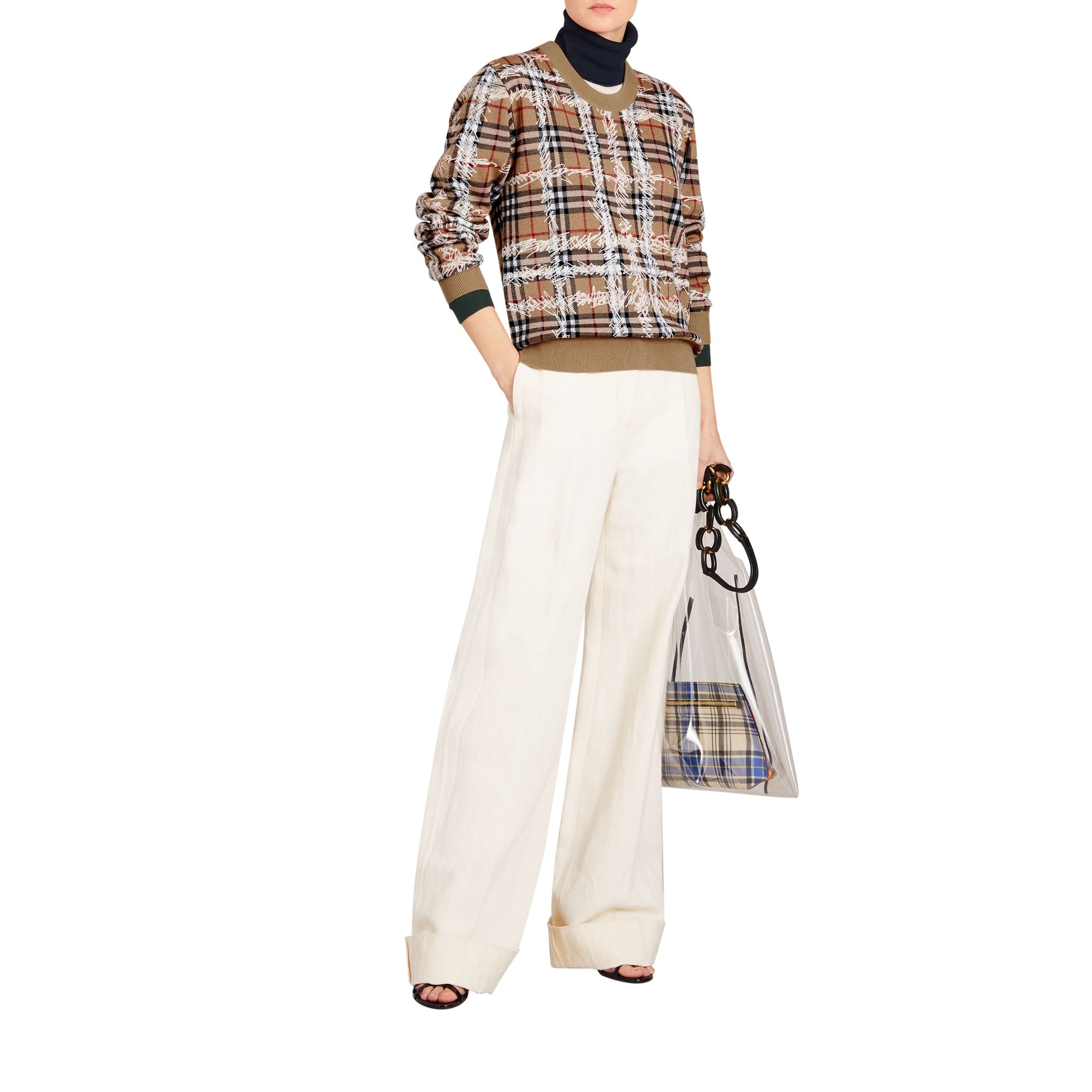 CAMEL/WHITE Pull en laine mérinos à motif check griffonné