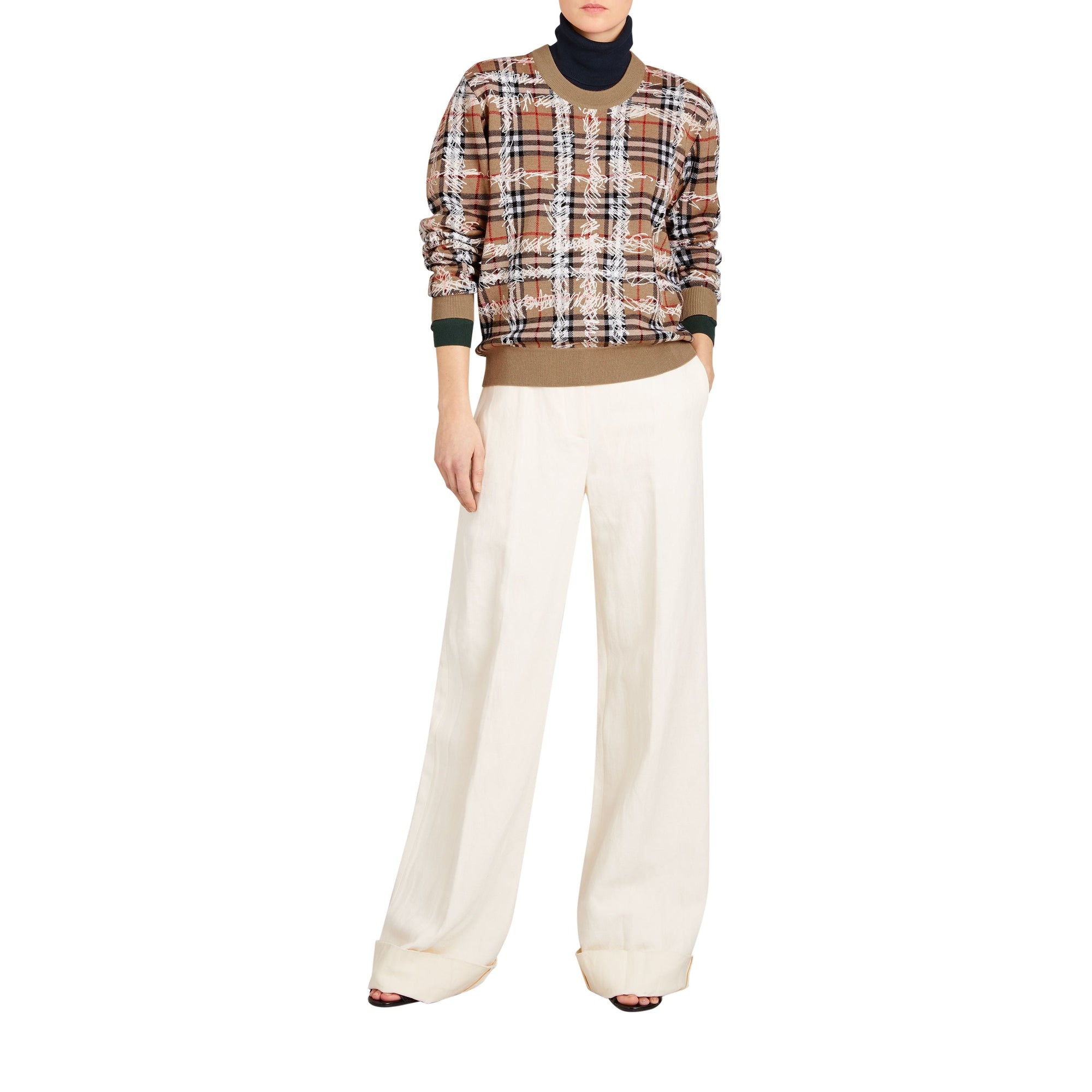 CAMEL/WHITE Pull en laine mérinos à motif check griffonné