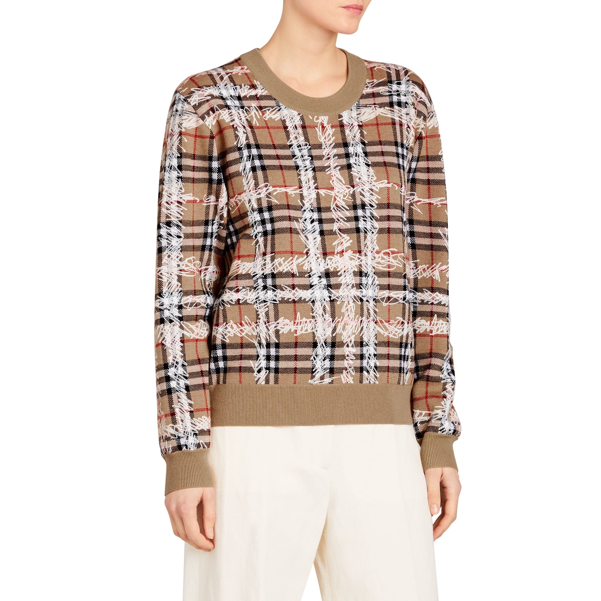 CAMEL/WHITE Pull en laine mérinos à motif check griffonné