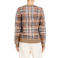 CAMEL/WHITE Pull en laine mérinos à motif check griffonné