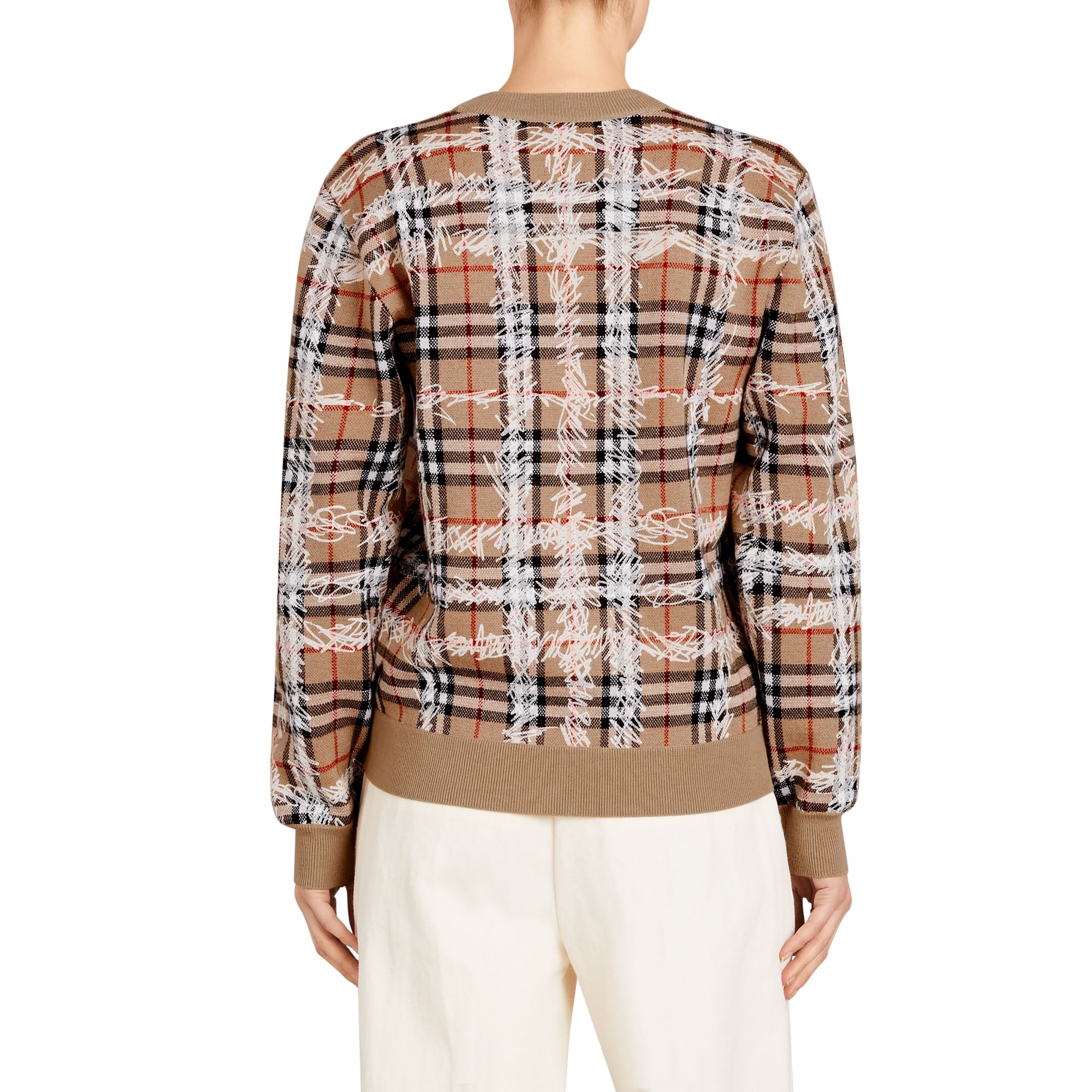 CAMEL/WHITE Pull en laine mérinos à motif check griffonné