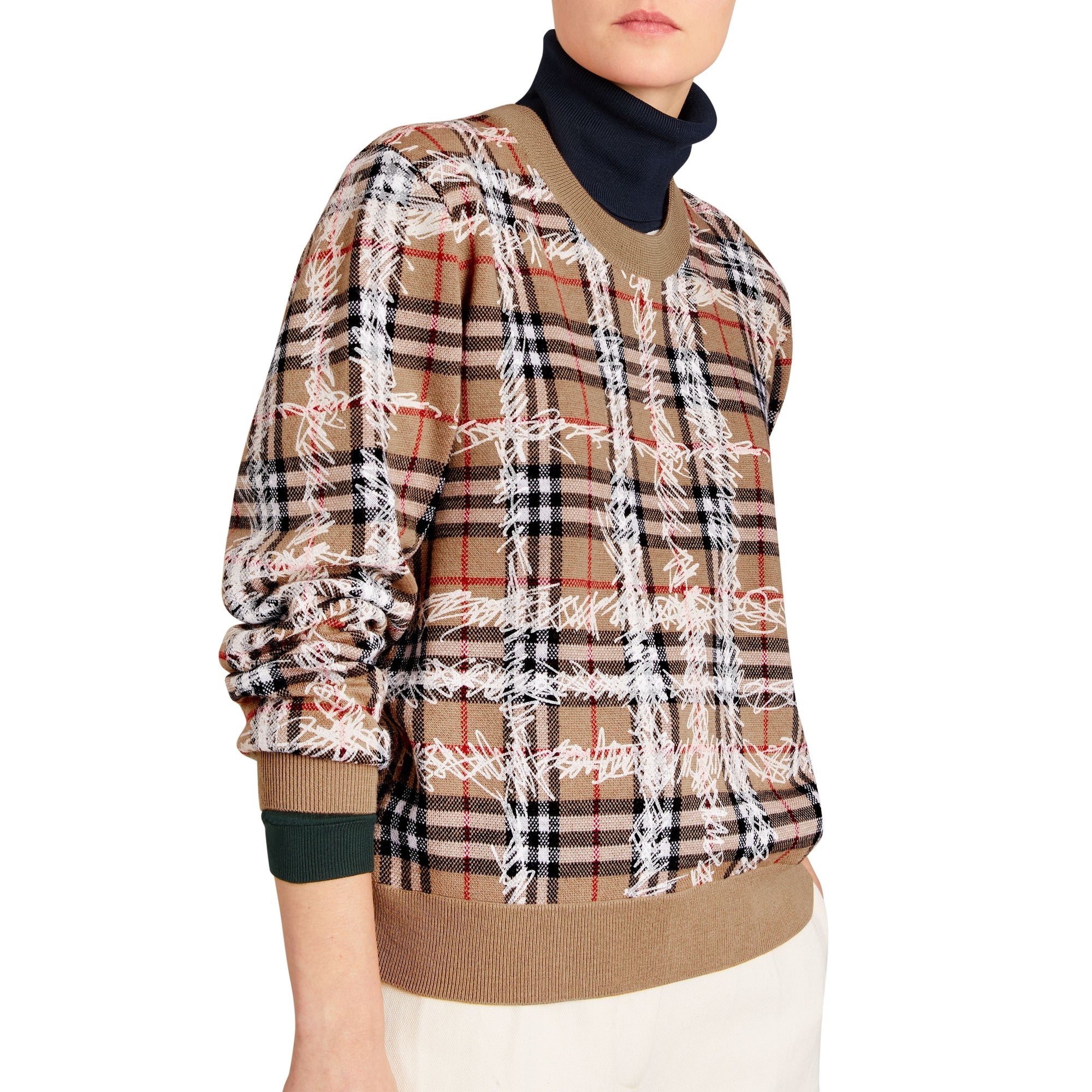 CAMEL/WHITE Pull en laine mérinos à motif check griffonné