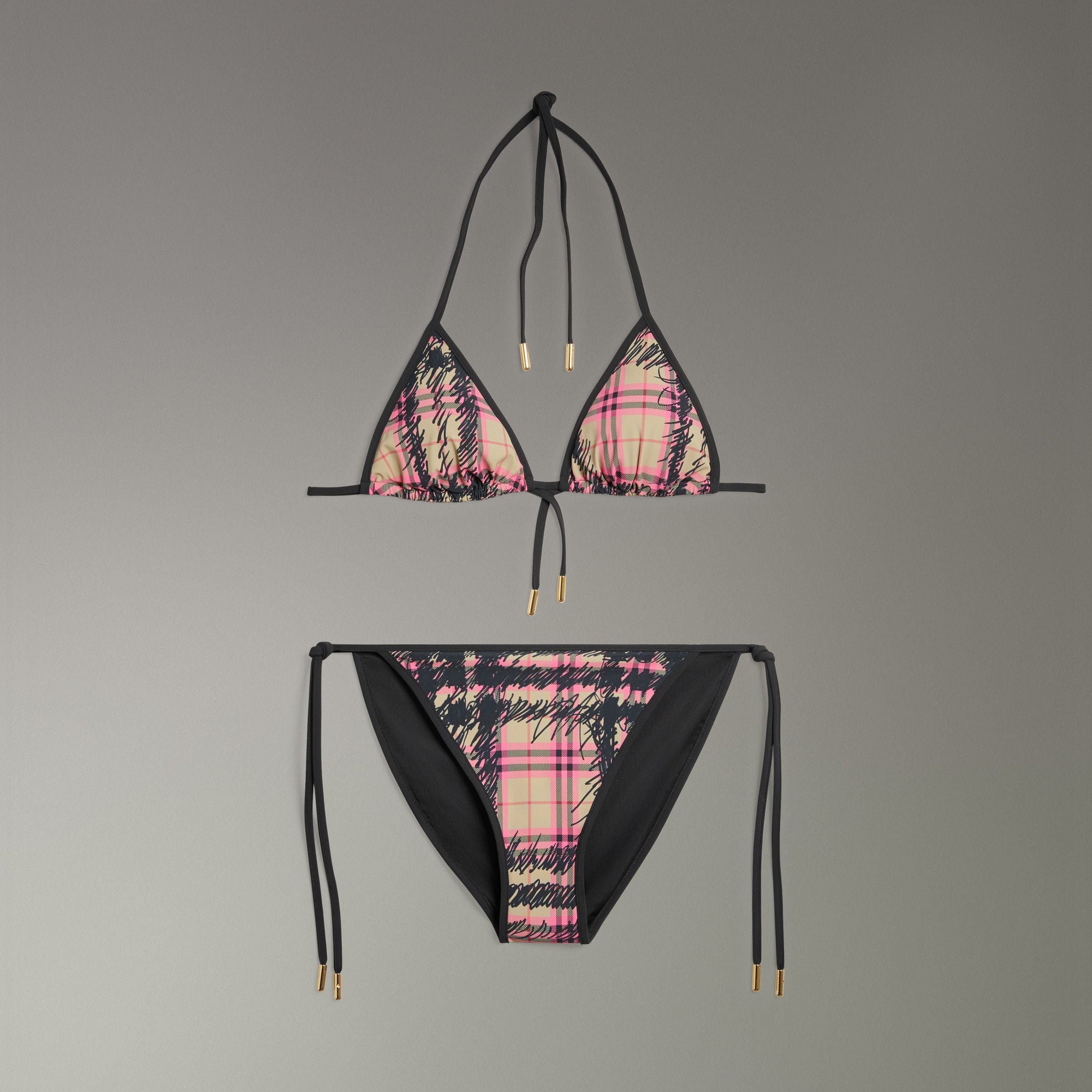 POMEGRANATE PINK Bikini triangle à motif check griffonné