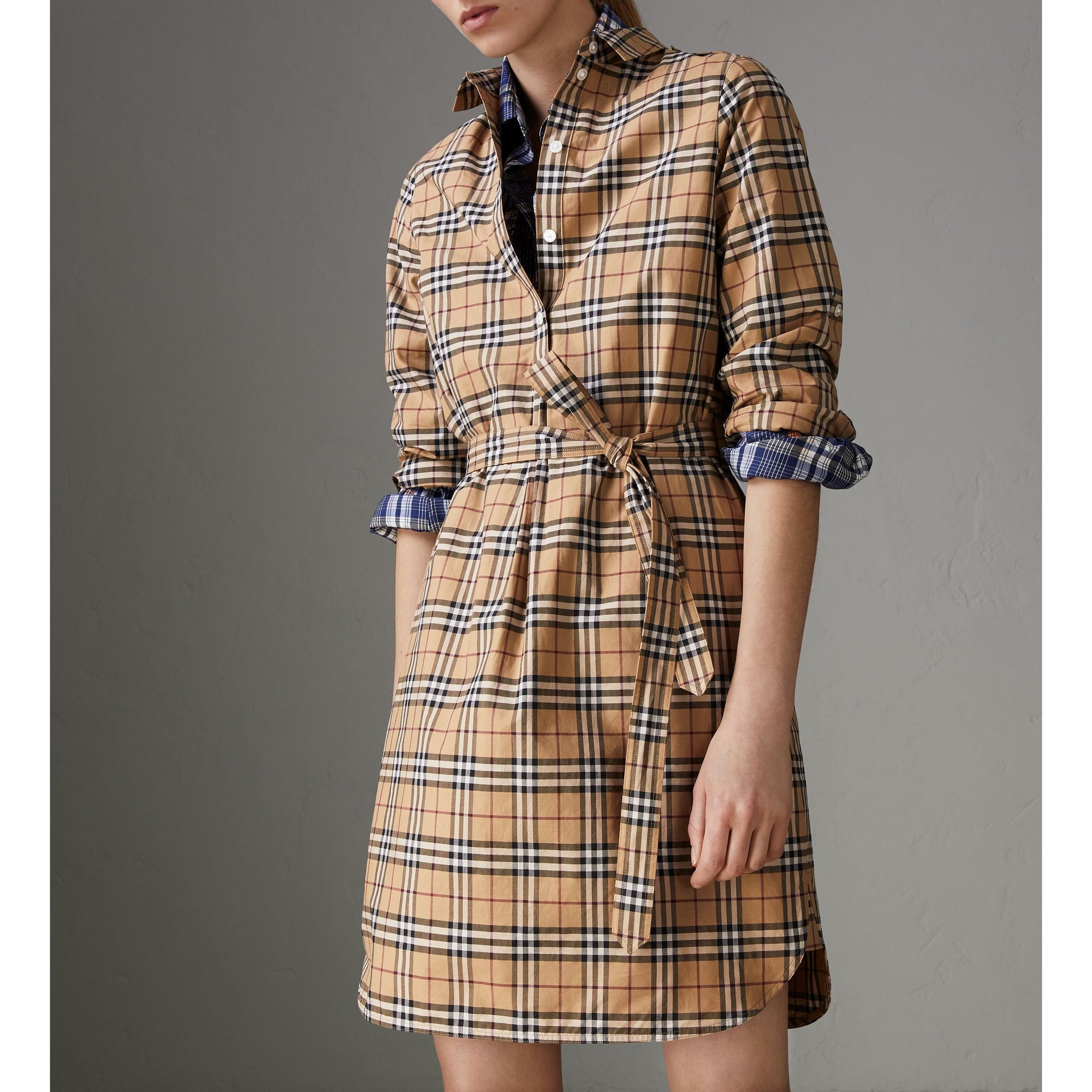 Robe tunique en coton à motif check - Camel
