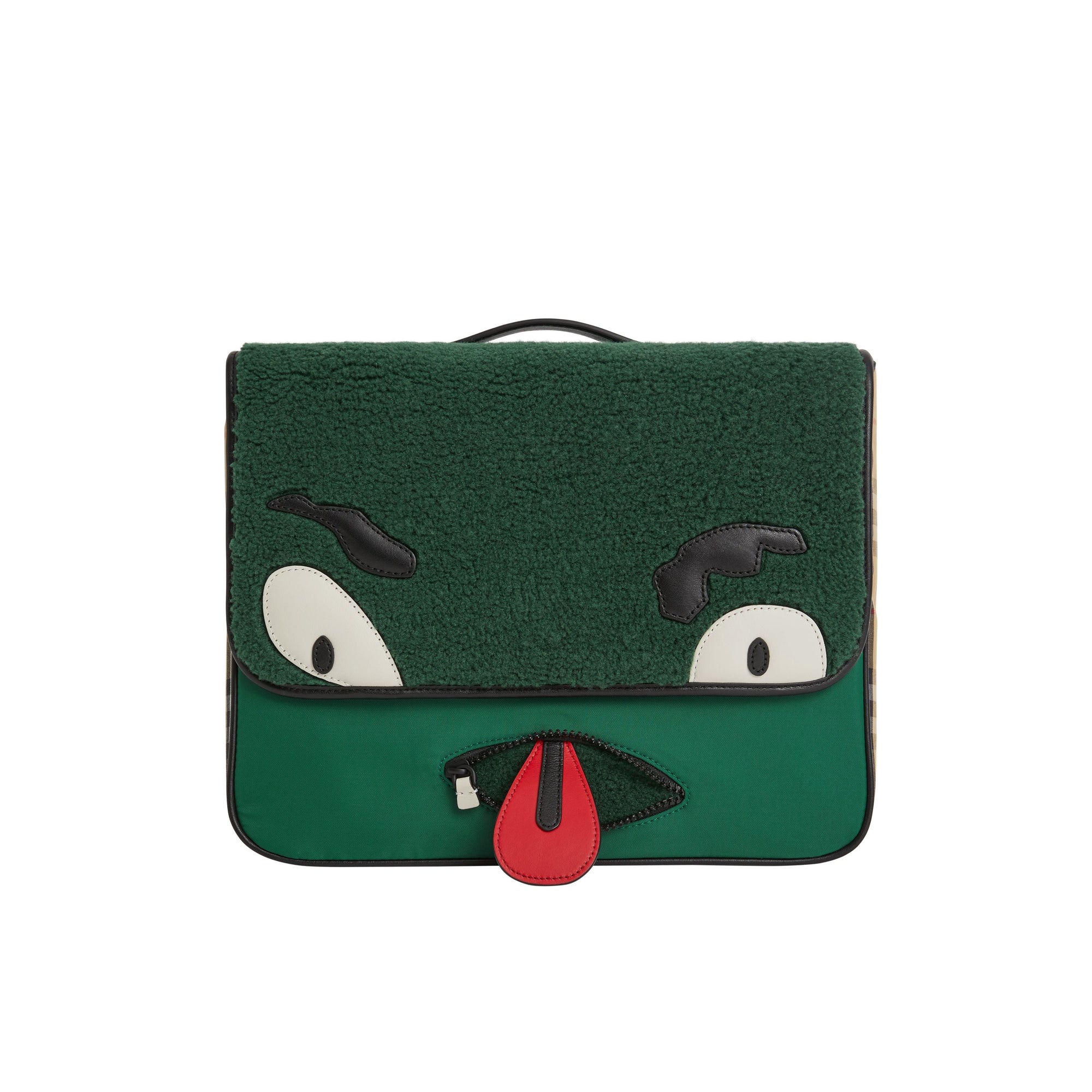PINE GREEN Sac cartable monstre en faux shearling à motif Vintage check