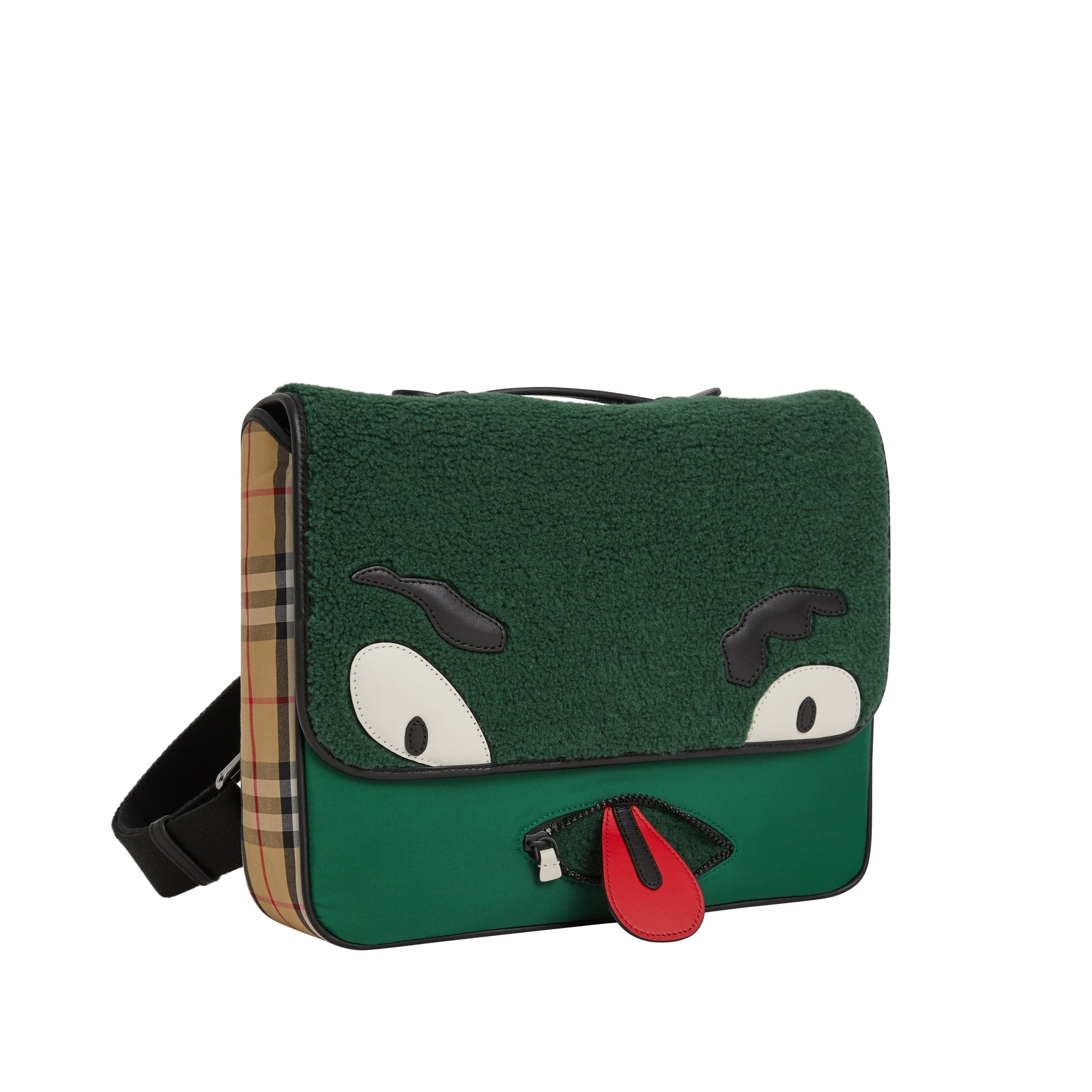 PINE GREEN Sac cartable monstre en faux shearling à motif Vintage check
