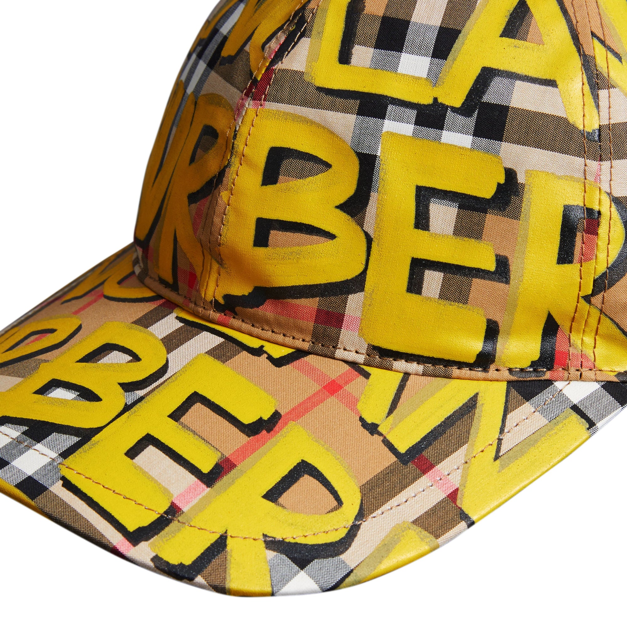 Casquette de baseball à motif vintage check et graffiti - Jaune vif & jaune antique