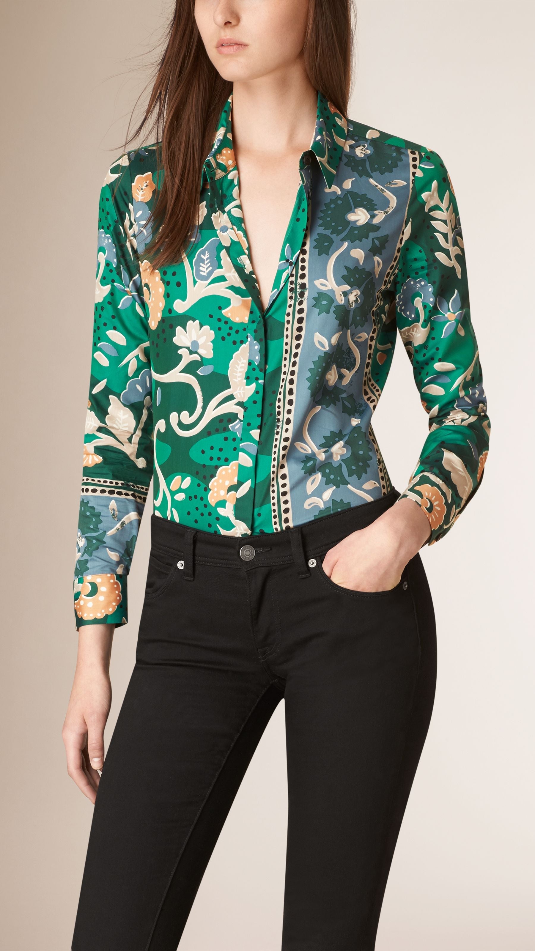 TEAL Chemise en coton et soie à imprimé floral façon estampe