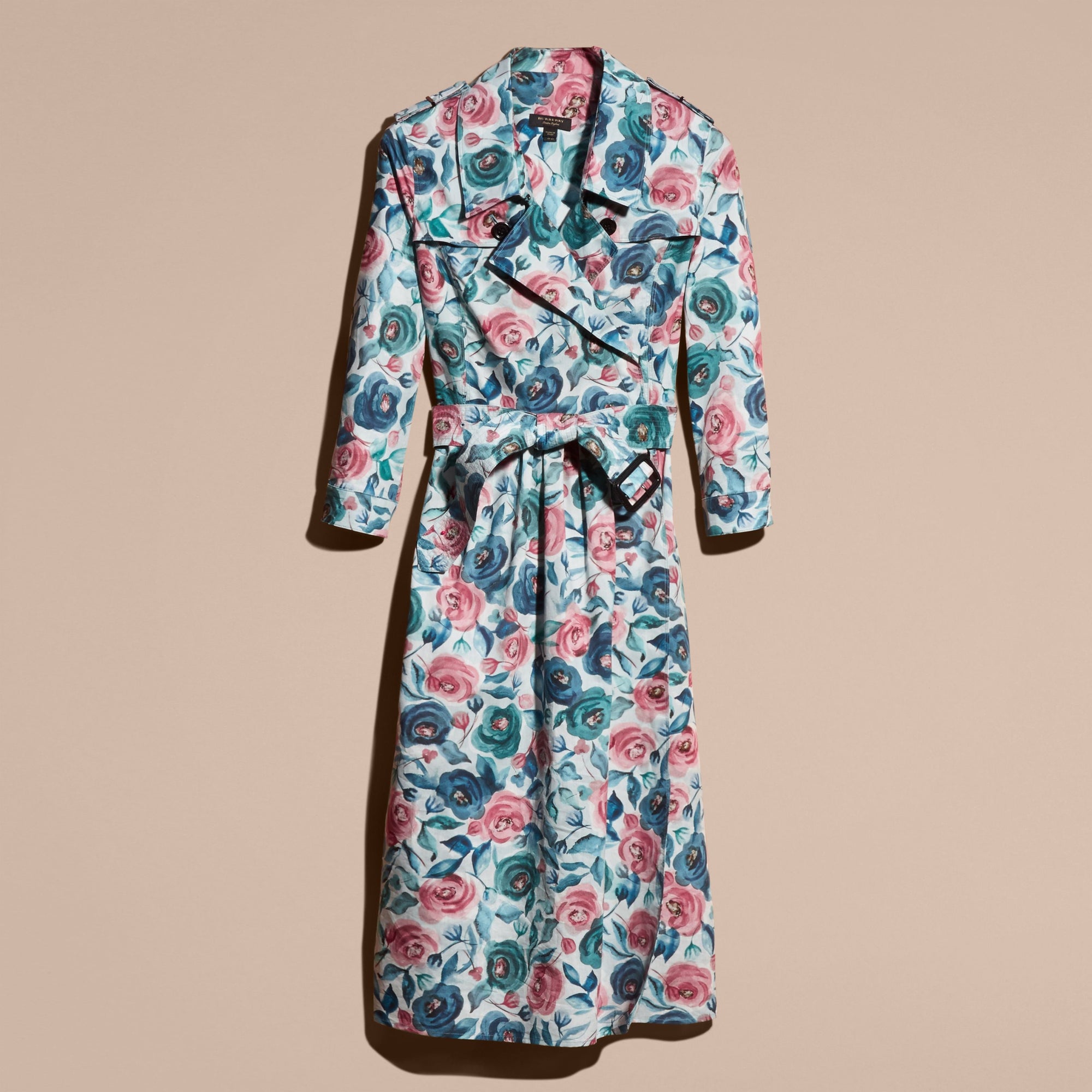 TEAL BLUE Robe trench en soie et coton avec imprimé aquarelle rose