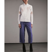 Chemise à chevrons en coton avec découpes en dentelle - Blanc
