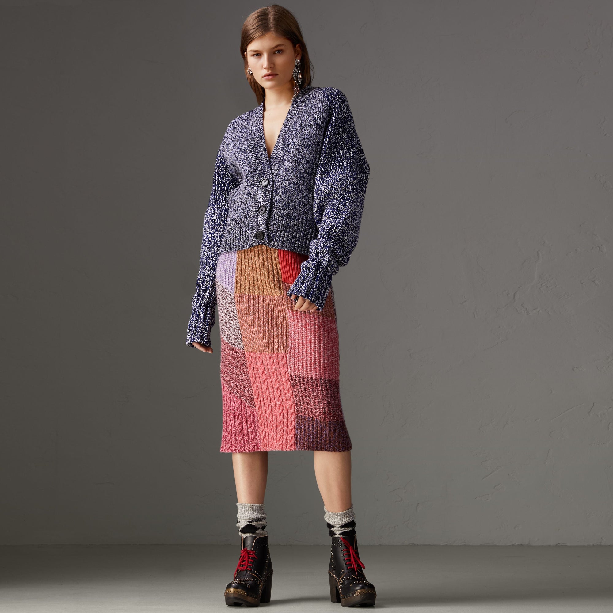 BRIGHT NAVY_BLACK Cardigan en mouliné de cachemire, coton et laine mélangés 