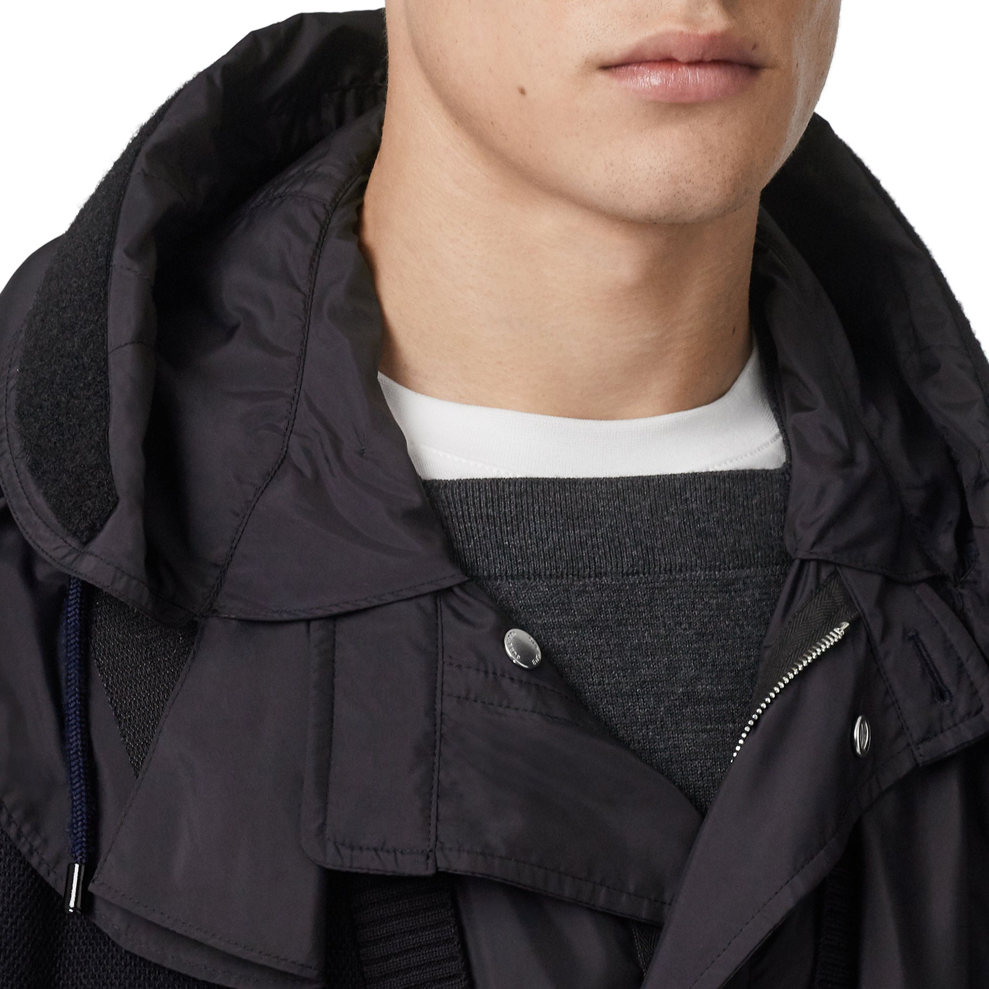 Parka en nylon avec détails en maille et capuche amovible - Marine foncé