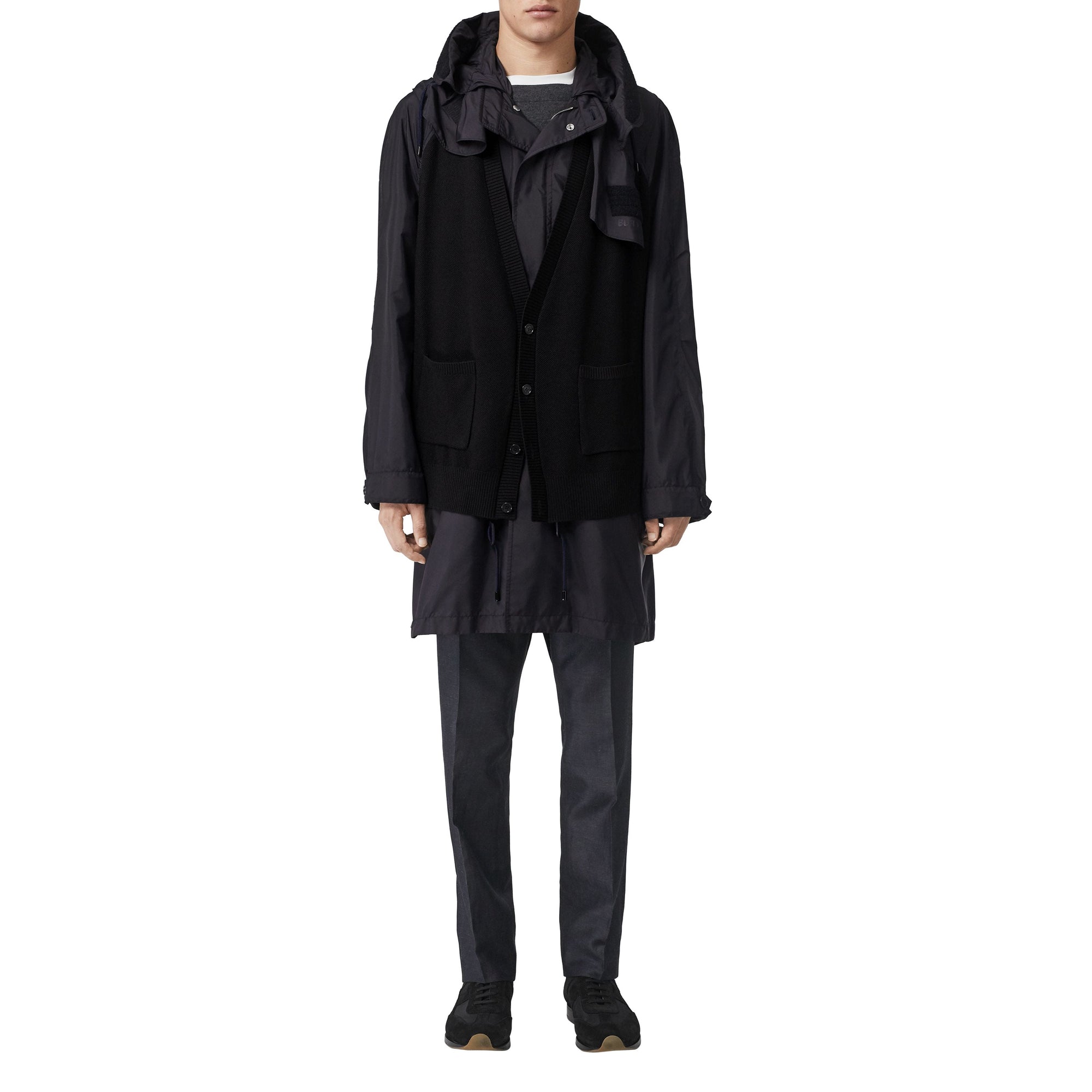 Parka en nylon avec détails en maille et capuche amovible - Marine foncé