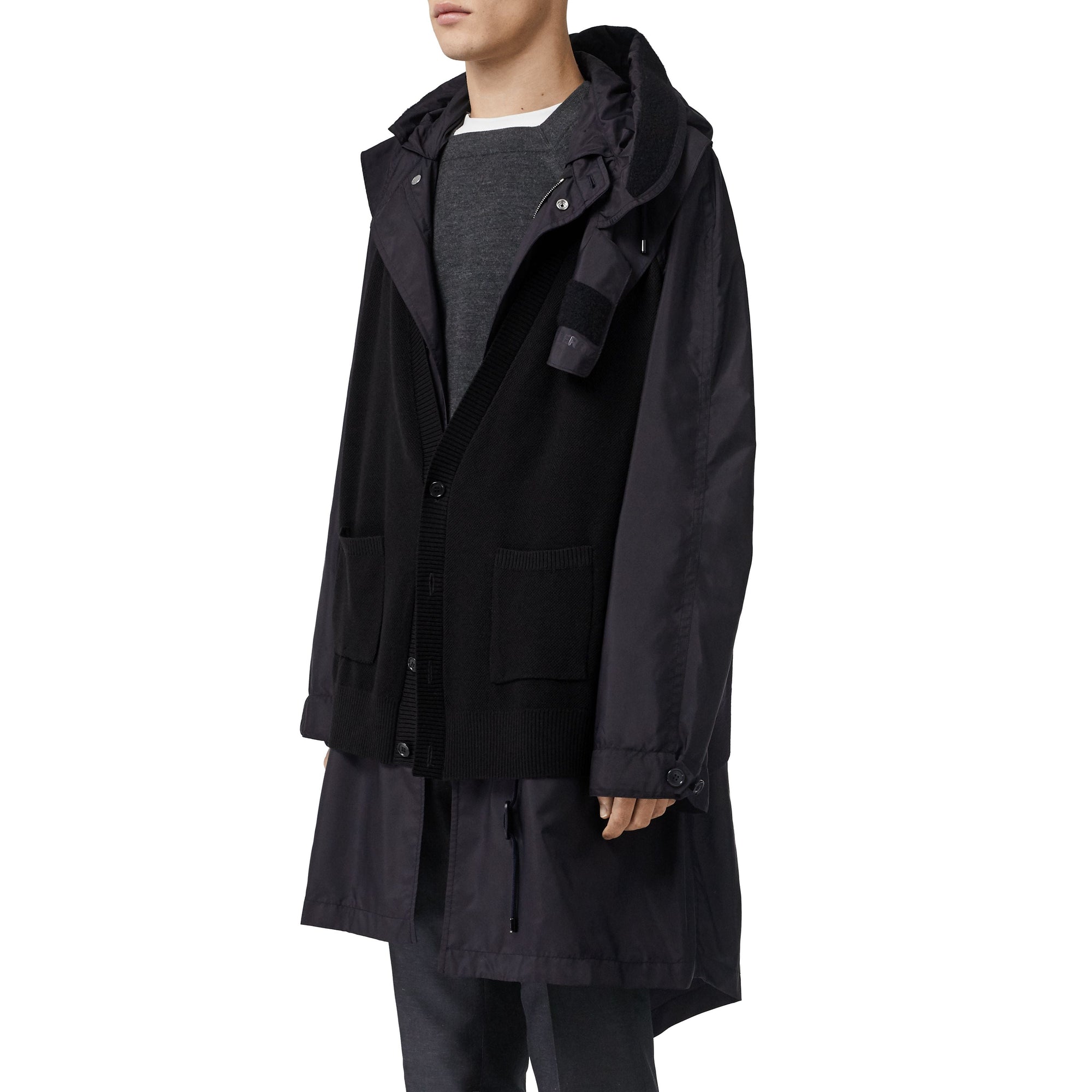 Parka en nylon avec détails en maille et capuche amovible - Marine foncé