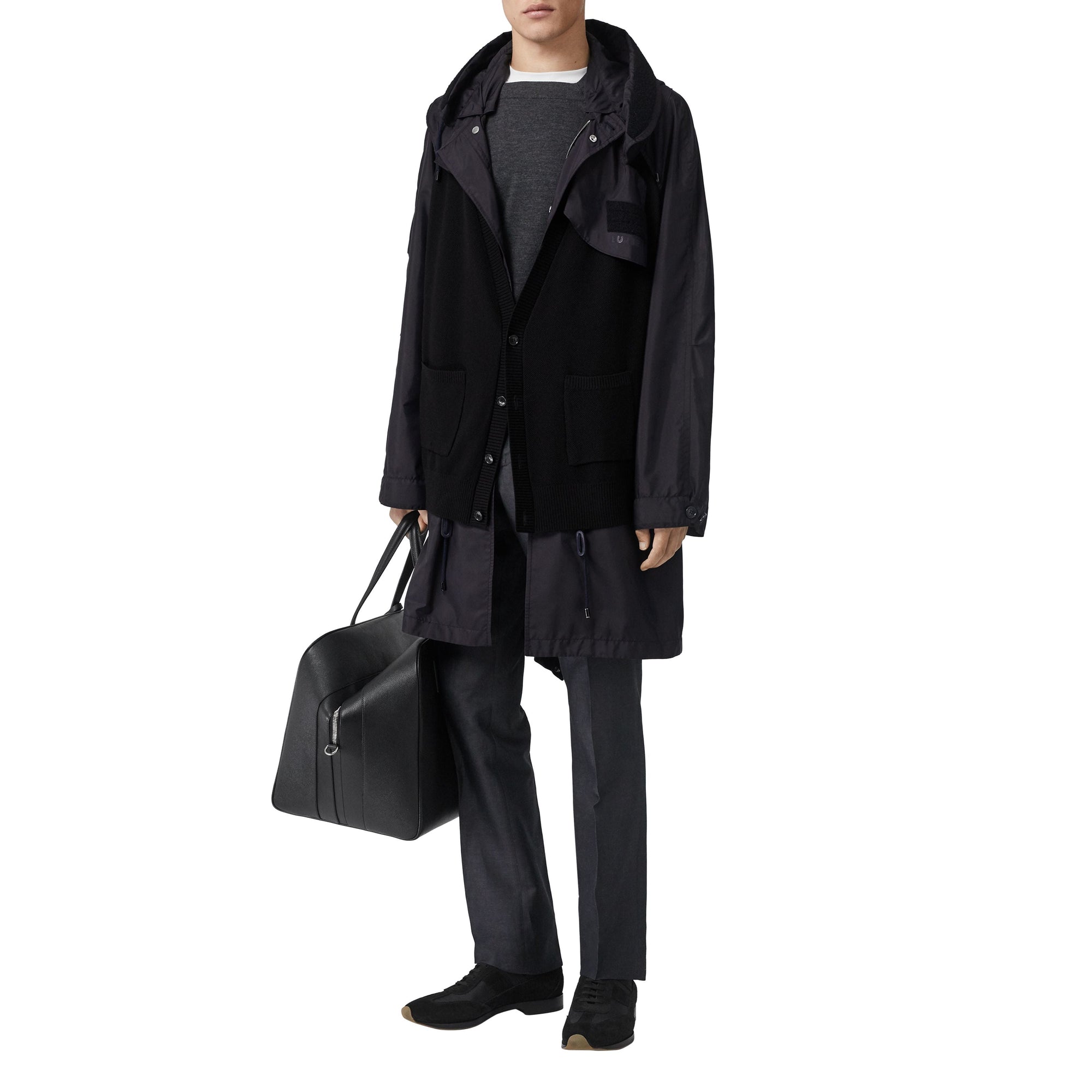 Parka en nylon avec détails en maille et capuche amovible - Marine foncé