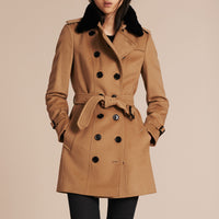 Trench-coat en laine et cachemire avec col en fourrure - Camel